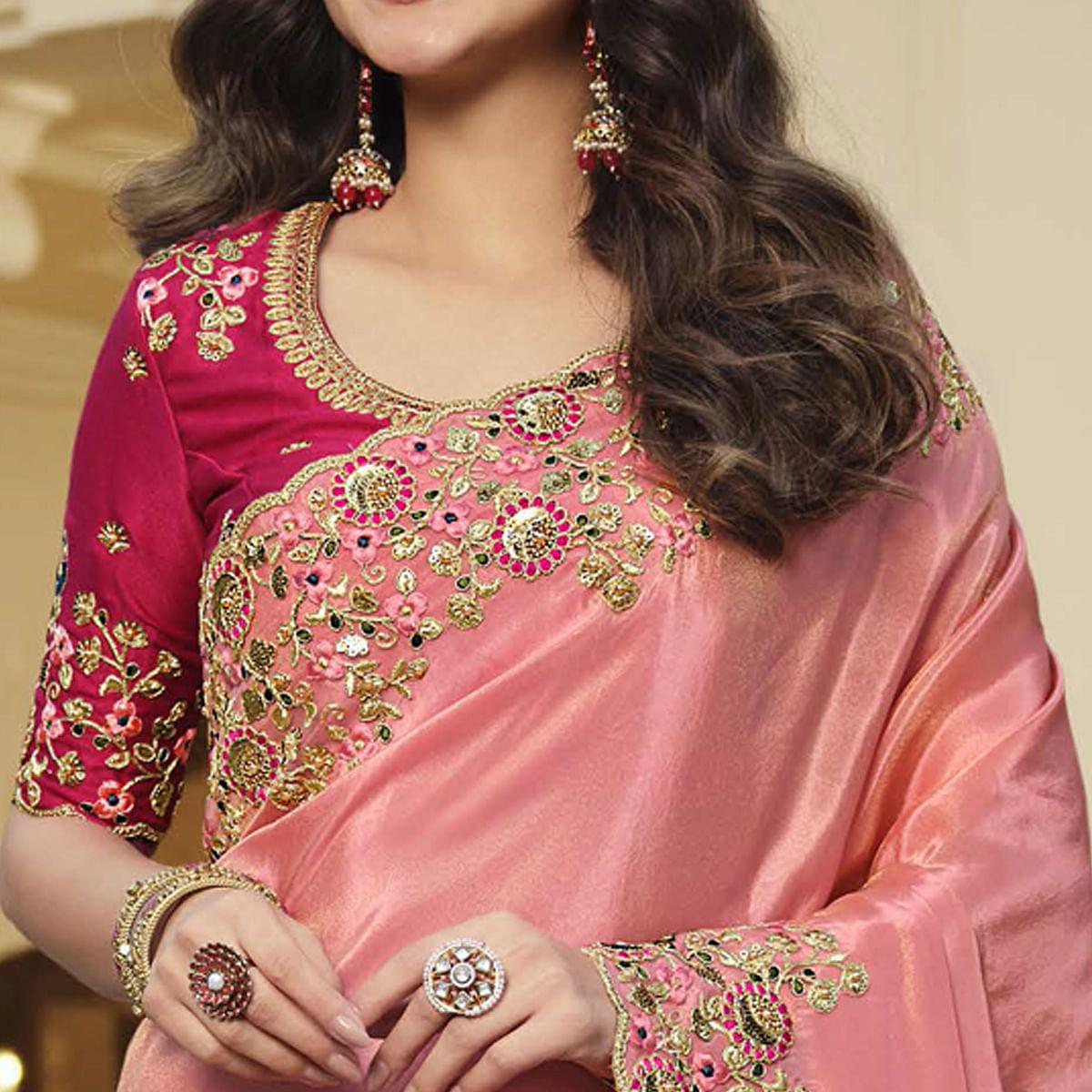 Pink Party Wear Embroidered Satin Saree - Peachmode