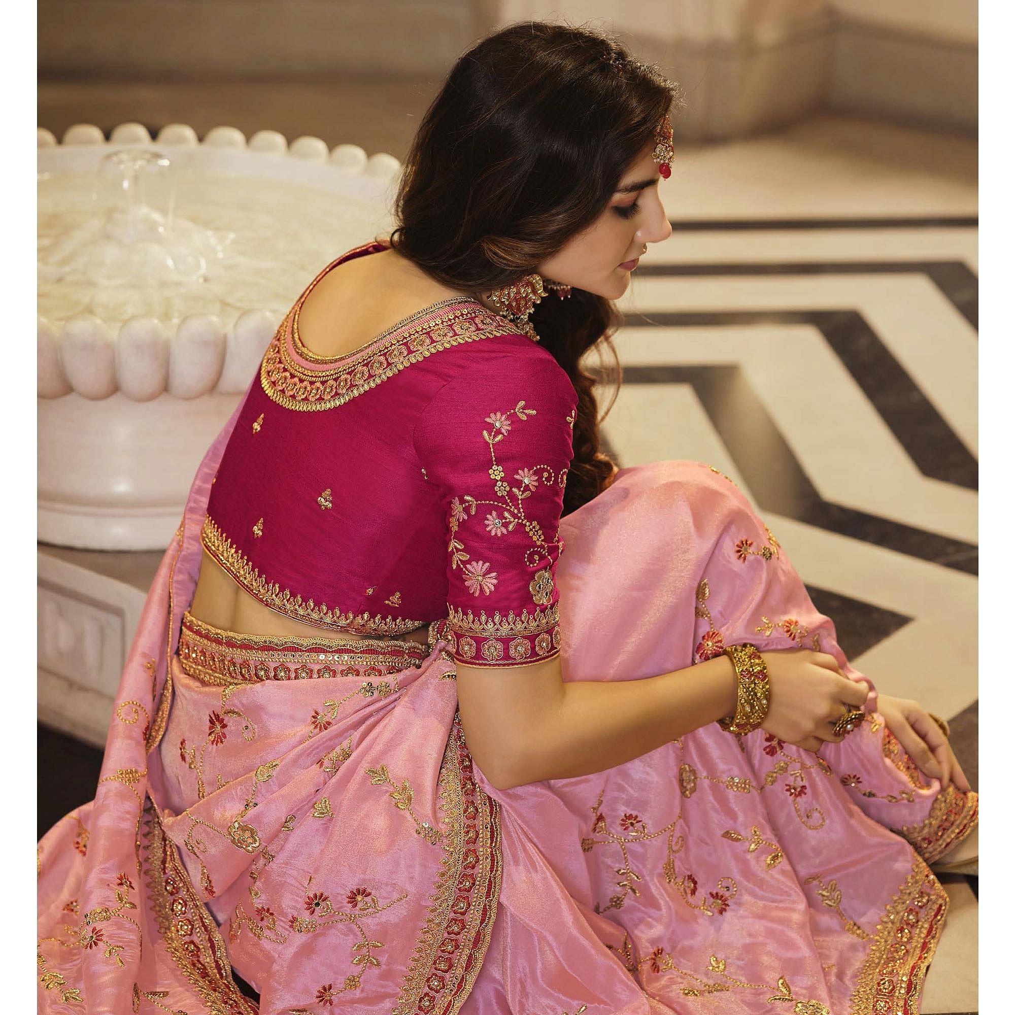 Pink Party Wear Embroidered Satin Saree - Peachmode