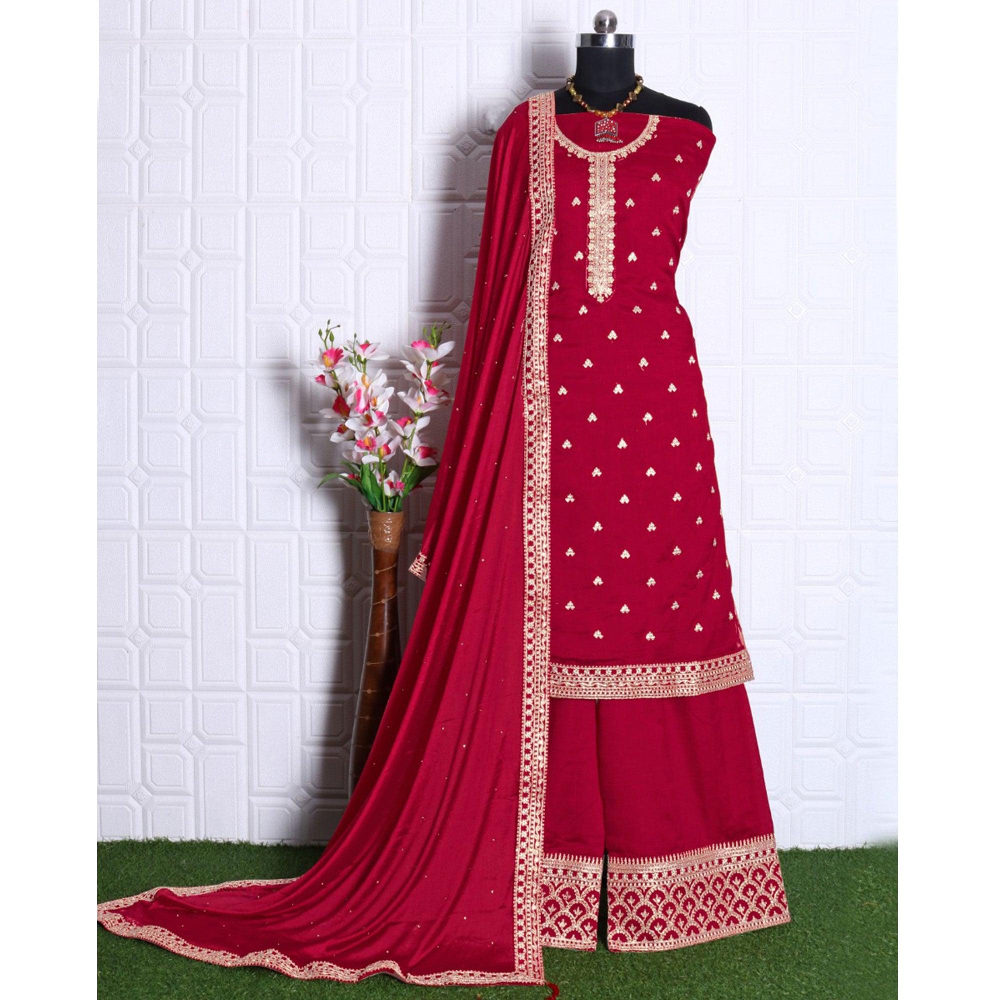 Pink Party Wear Embroidered Silk Georgette Palazzo Suit - Peachmode