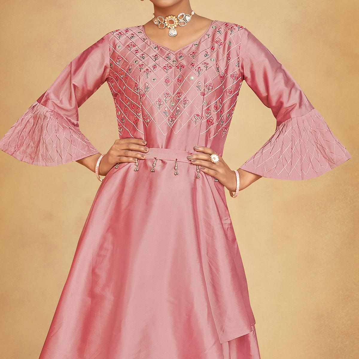 Pink Party Wear Embroidered Tapetta Gown - Peachmode