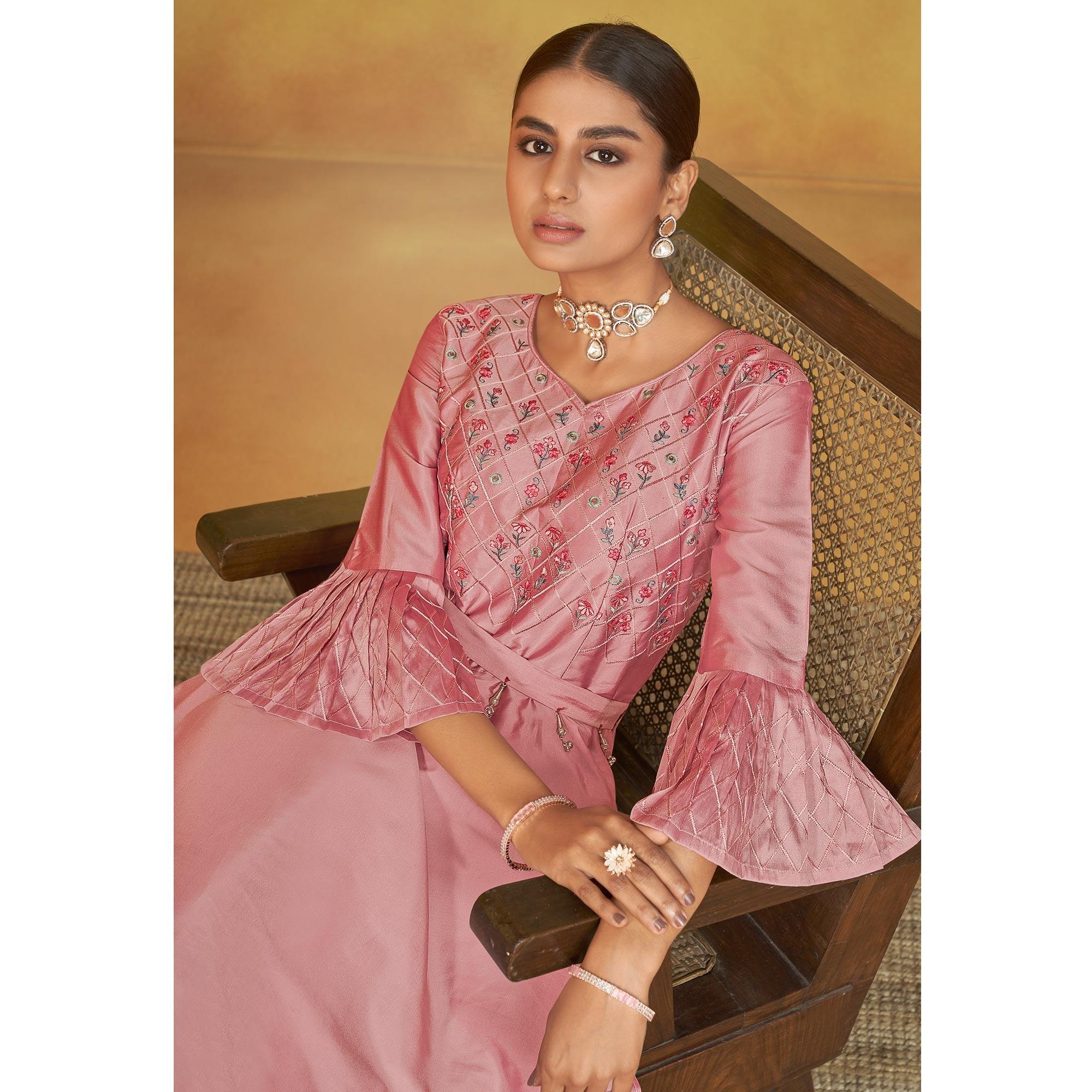 Pink Party Wear Embroidered Tapetta Gown - Peachmode