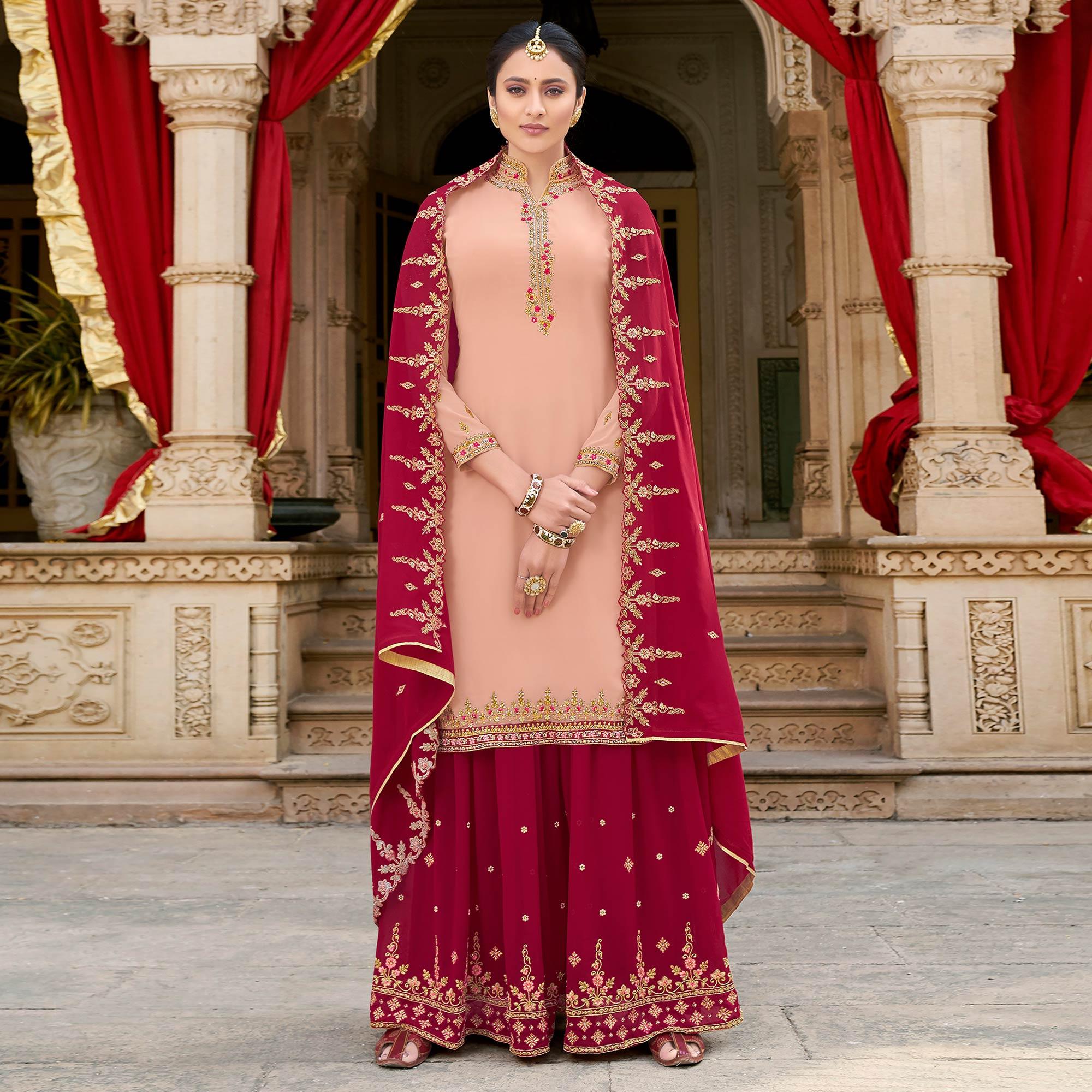Pink Party Wear Embroidery Soft Georgette Palazzo Suit - Peachmode