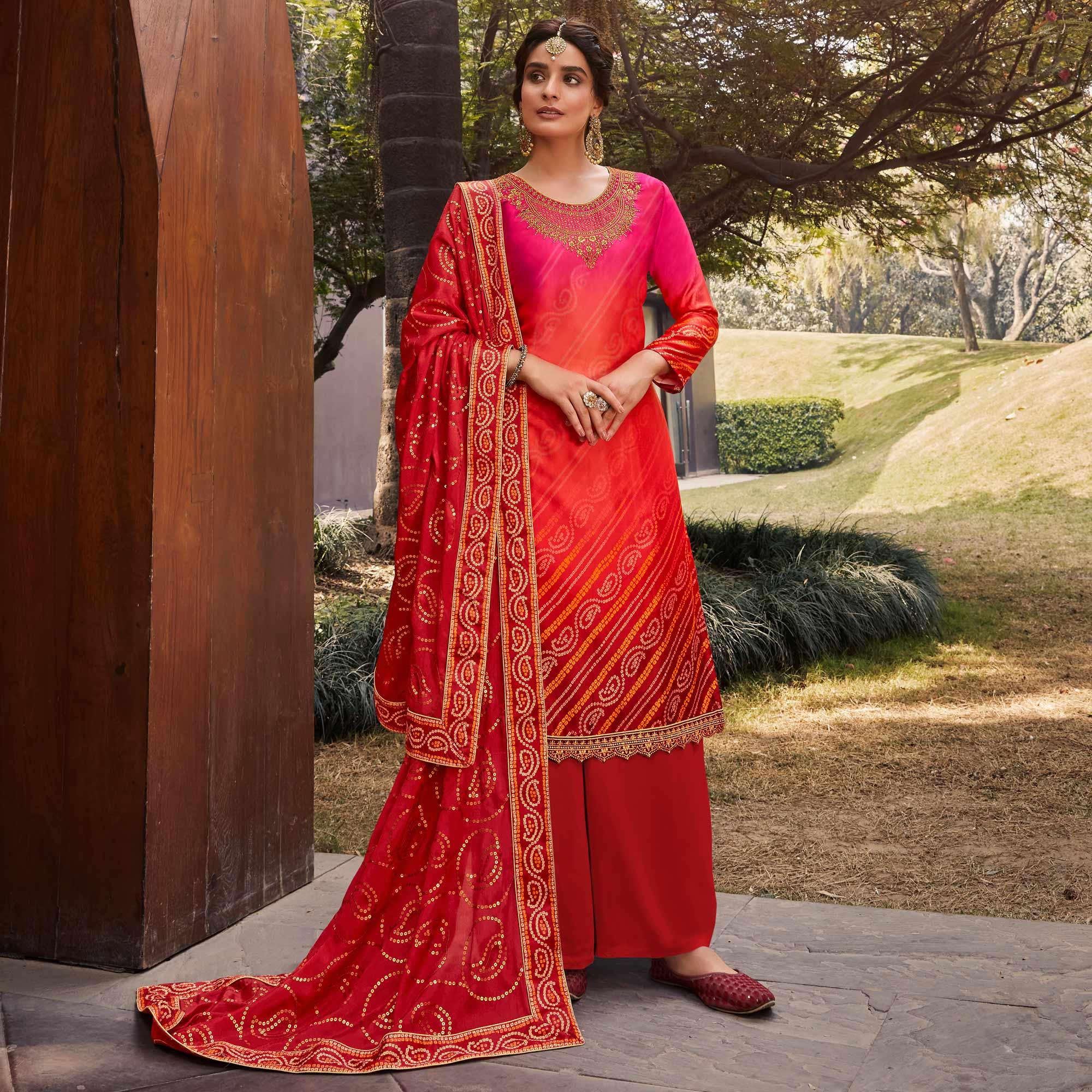 Pink Party Wear Floral Embroidery With Digital Printed Jam Satin Suit - Peachmode