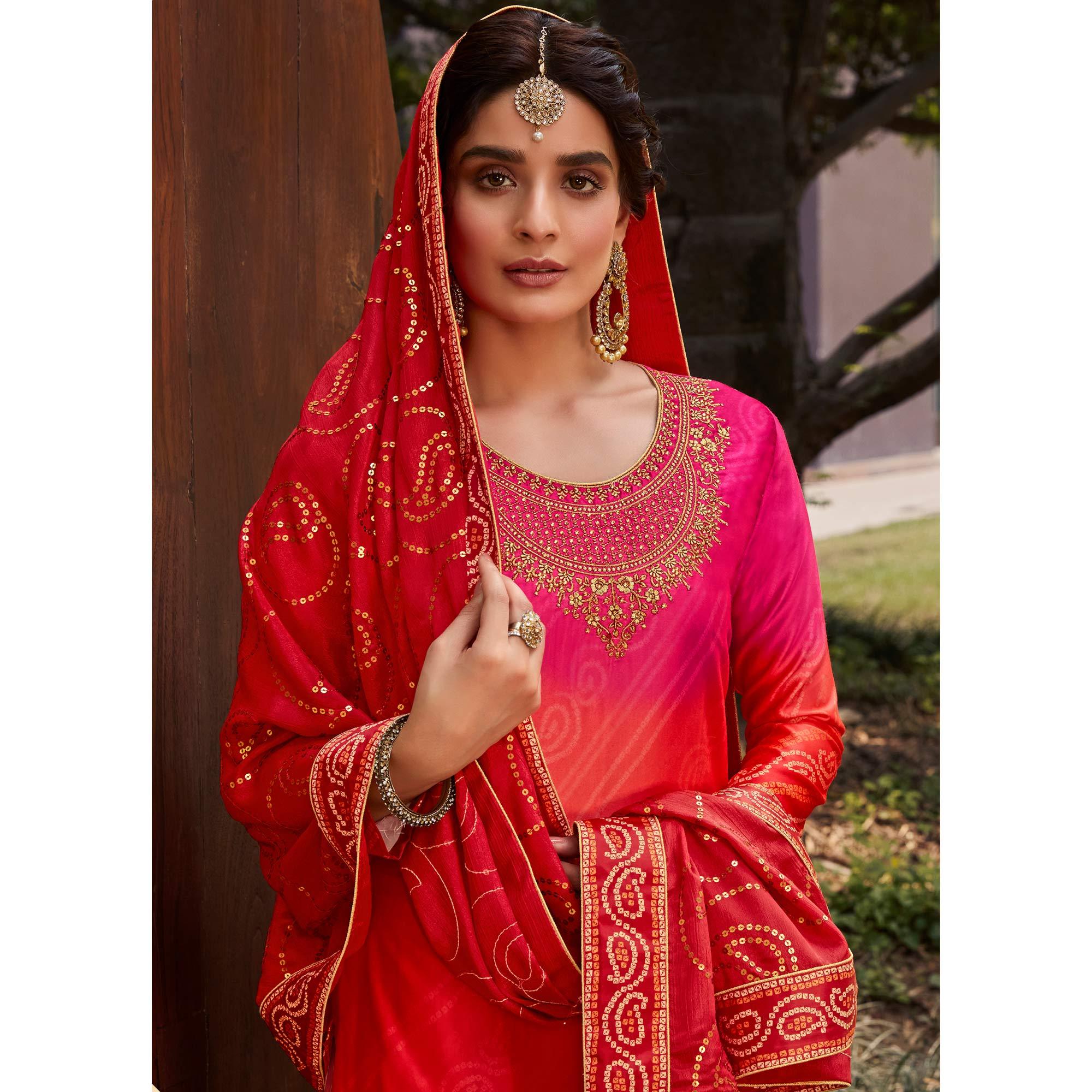 Pink Party Wear Floral Embroidery With Digital Printed Jam Satin Suit - Peachmode
