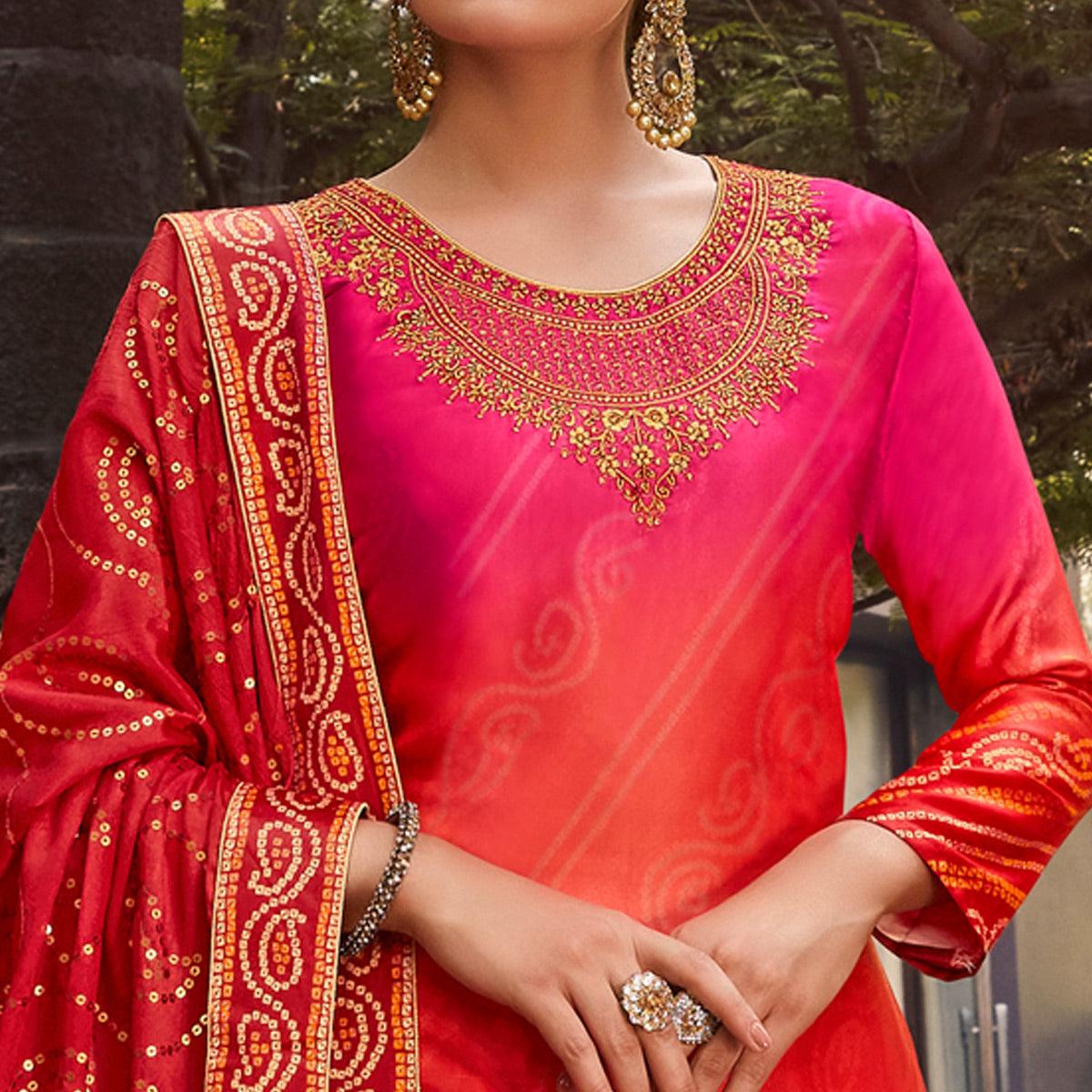 Pink Party Wear Floral Embroidery With Digital Printed Jam Satin Suit - Peachmode