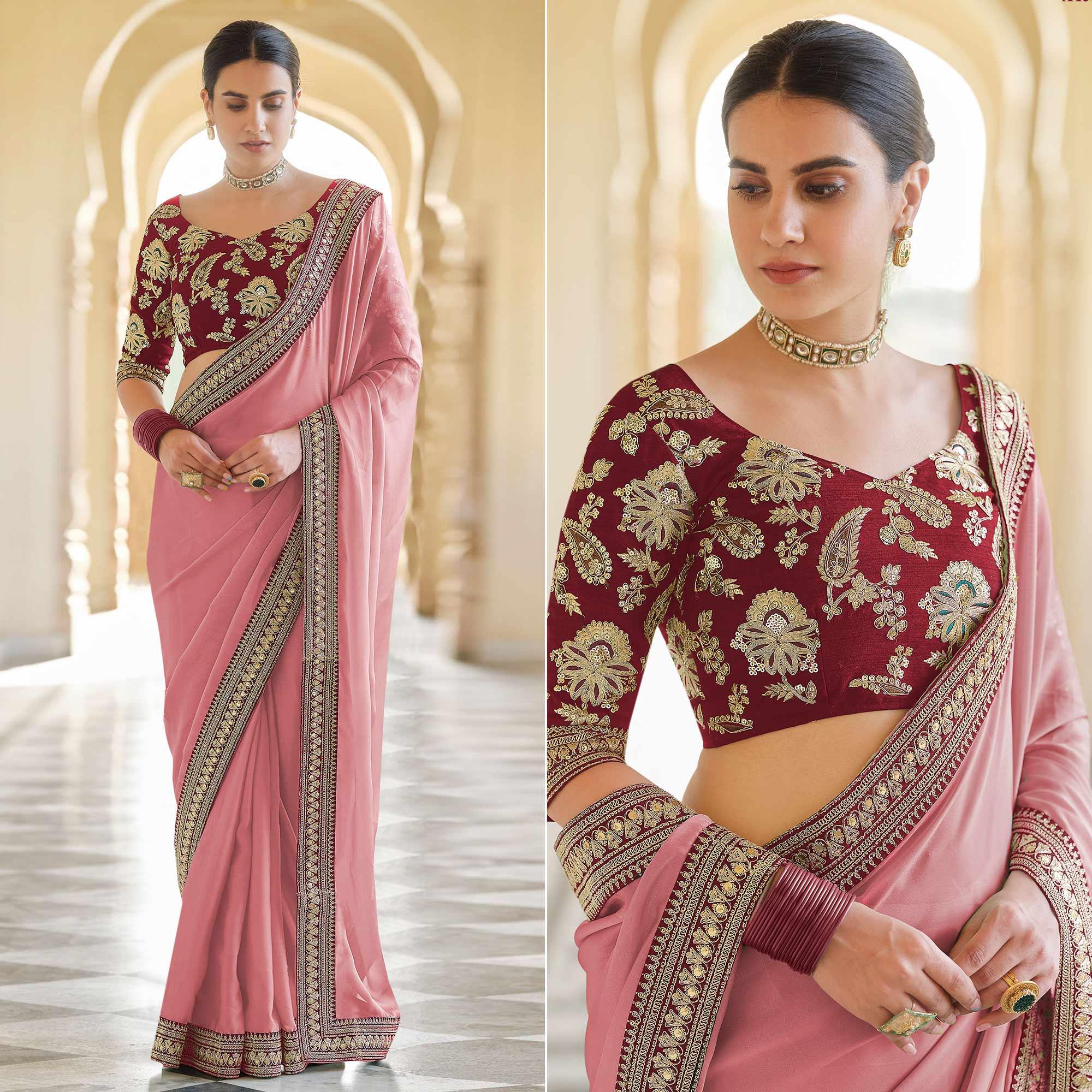 Pink Party Wear Sequence Embroidered Georgette Saree - Peachmode