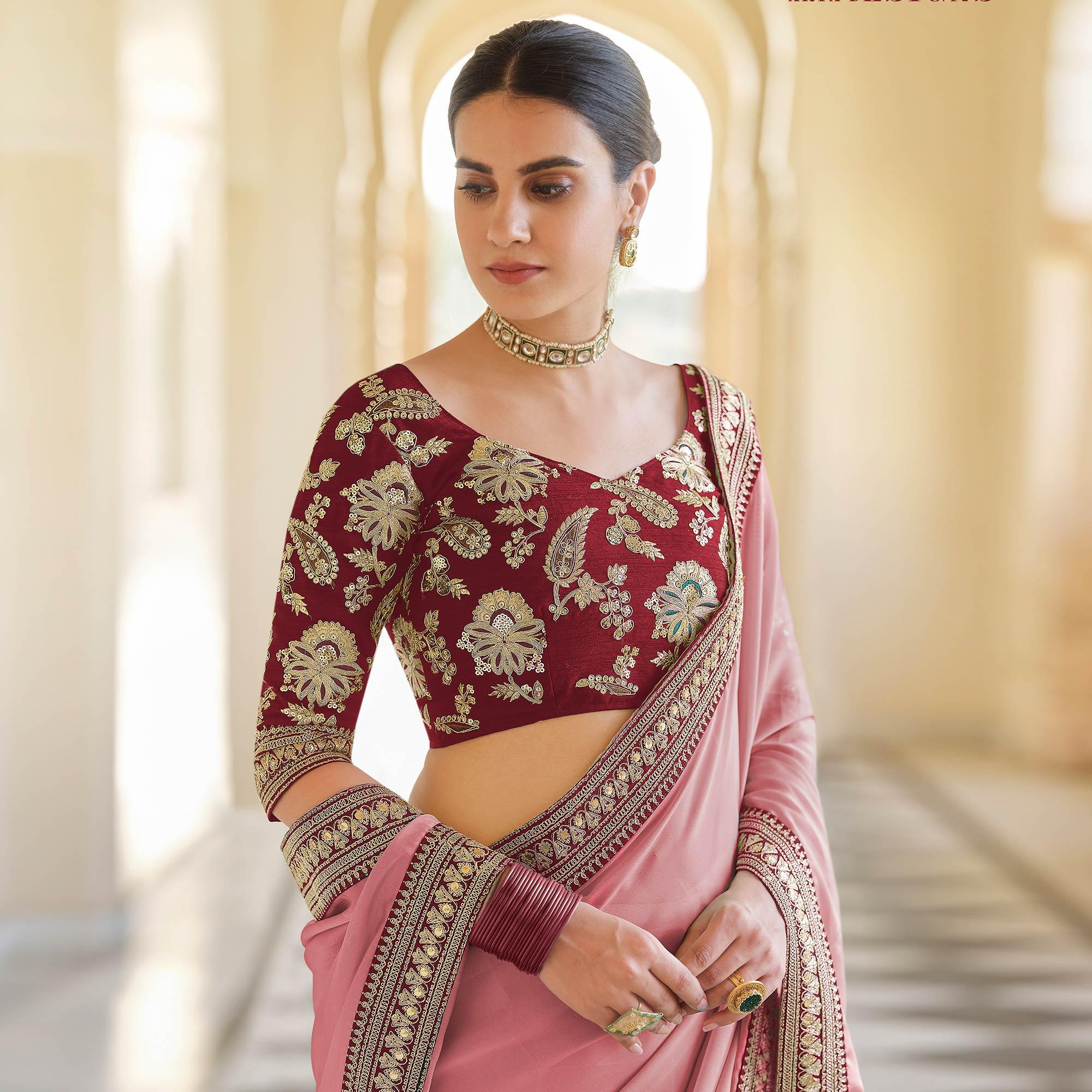 Pink Party Wear Sequence Embroidered Georgette Saree - Peachmode