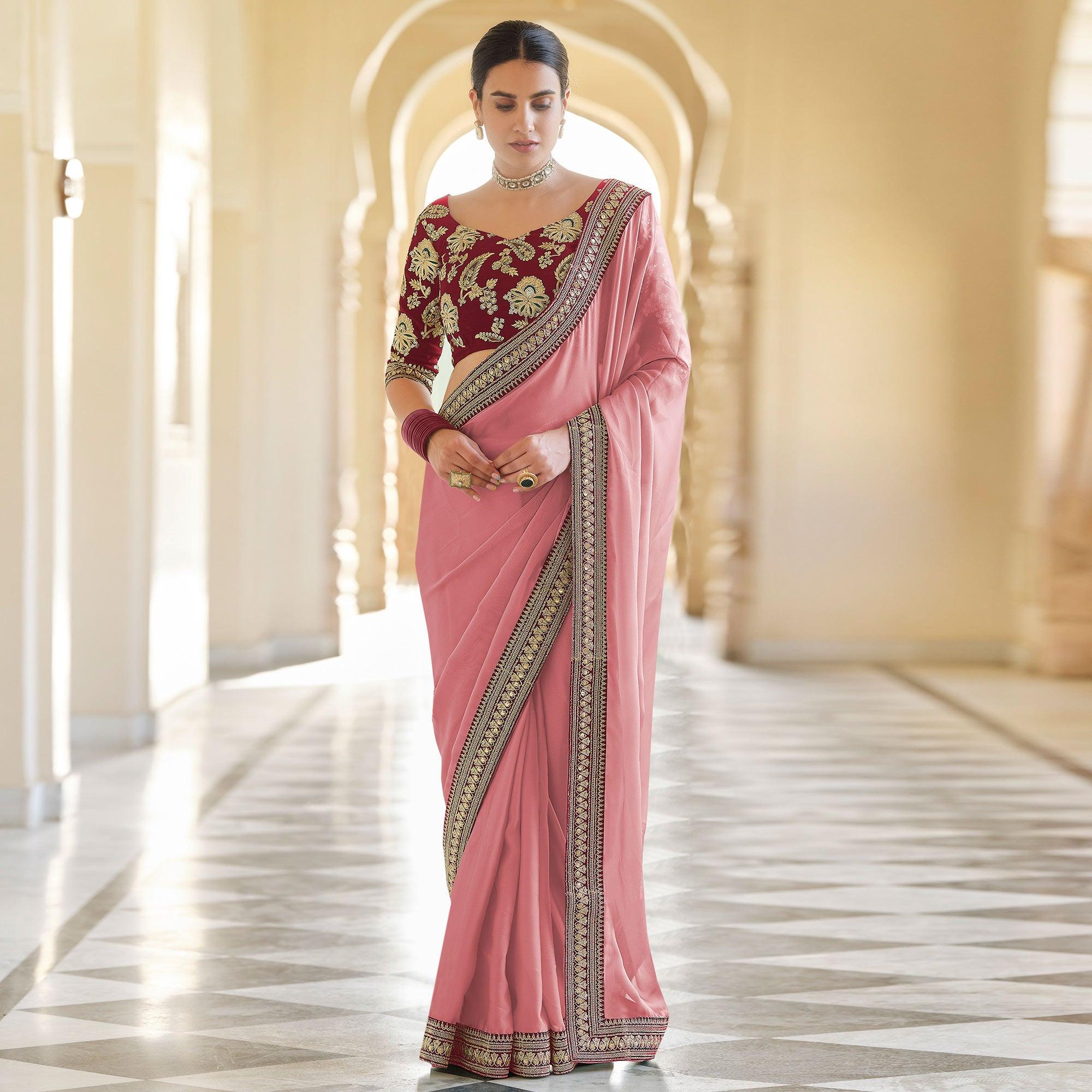 Pink Party Wear Sequence Embroidered Georgette Saree - Peachmode