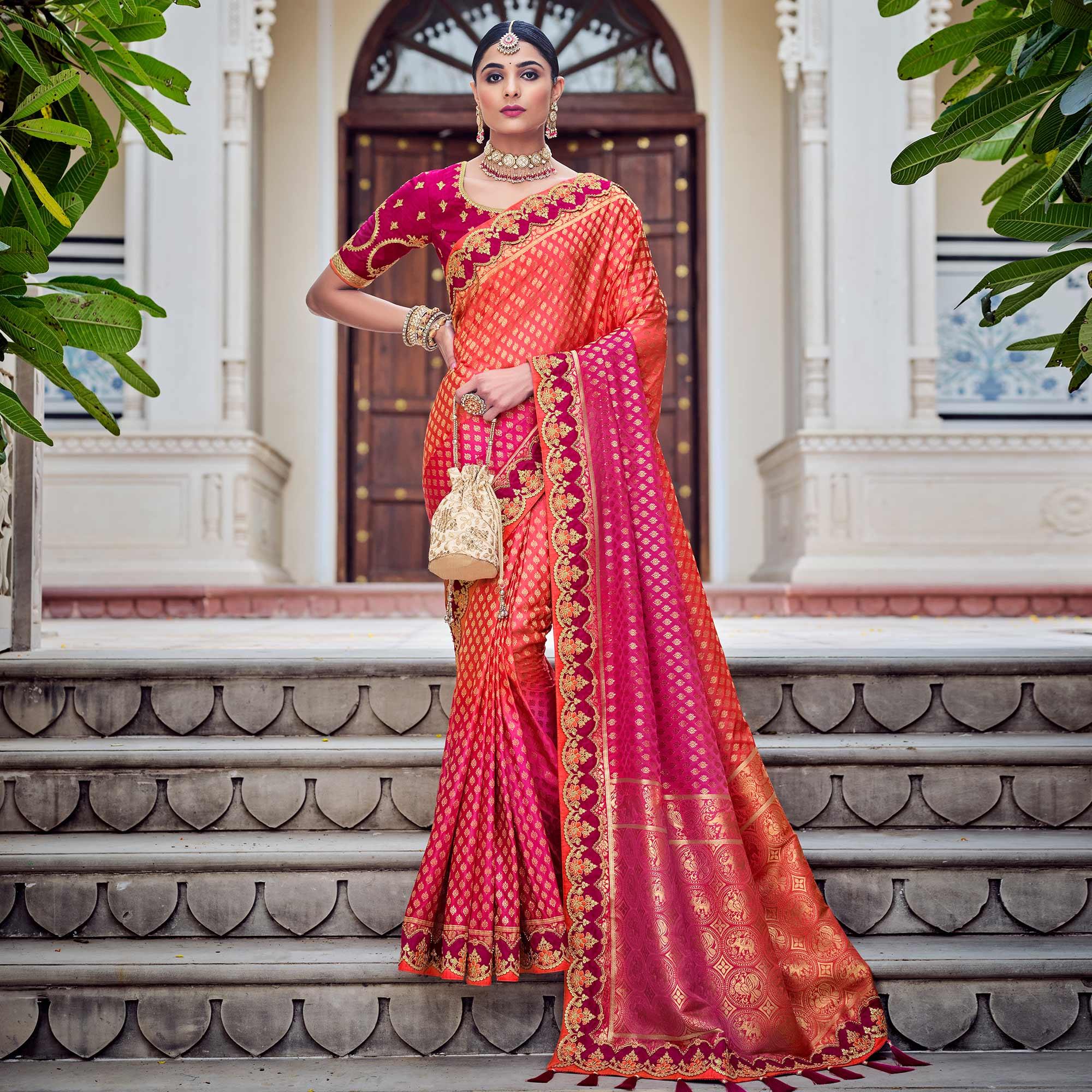Pink Party Wear Woven-Embroidered Silk Saree - Peachmode