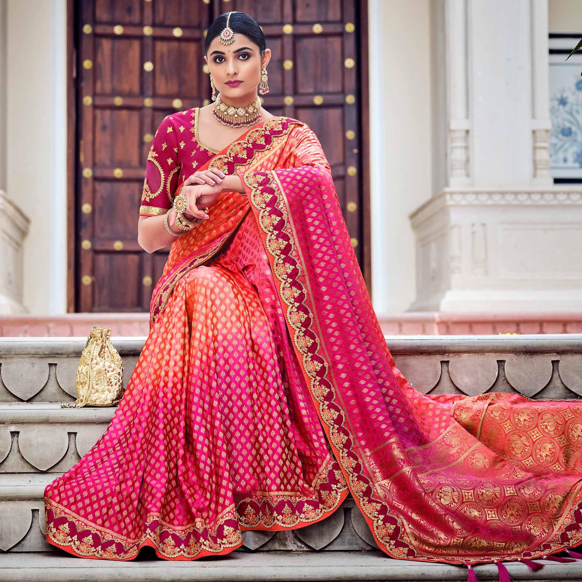 Pink Party Wear Woven-Embroidered Silk Saree - Peachmode