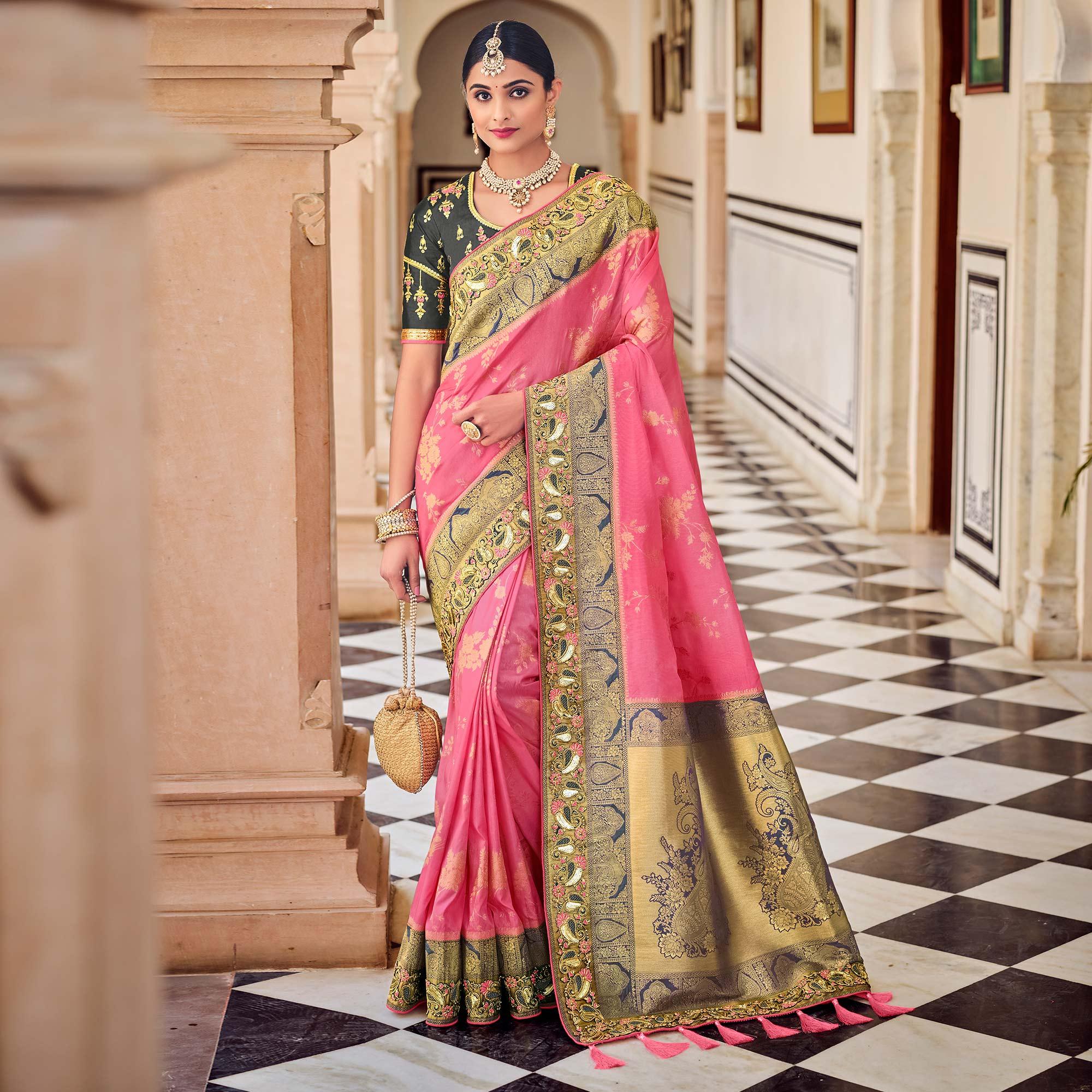 Pink Party Wear Woven-Embroidered Silk Saree - Peachmode