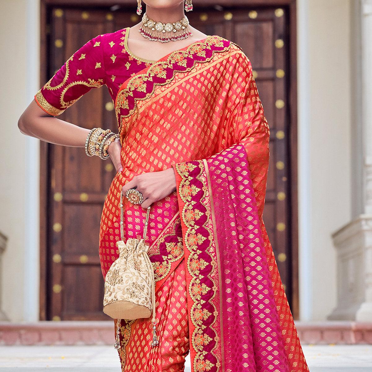 Pink Party Wear Woven-Embroidered Silk Saree - Peachmode