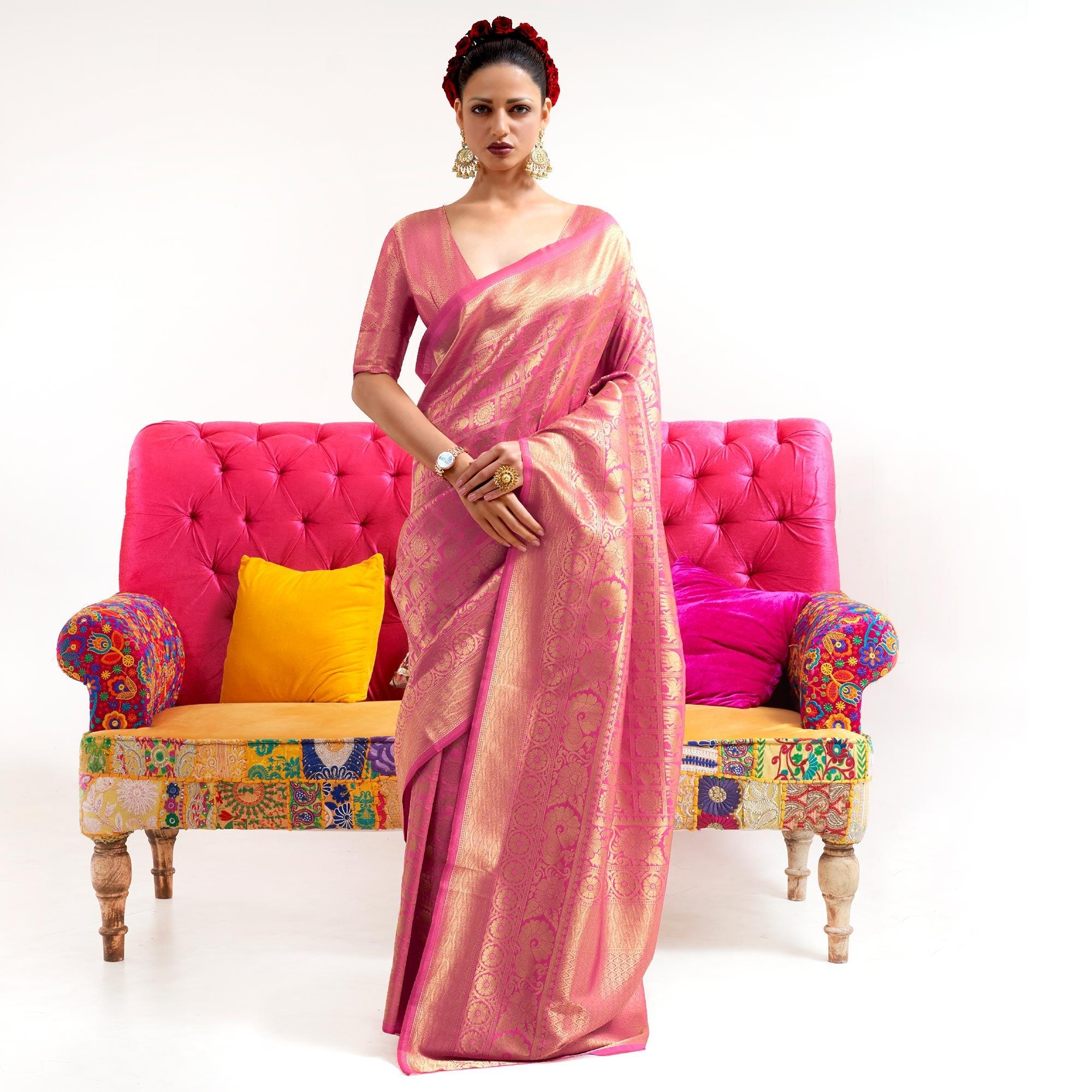 Pink Partywear Banarasi  Woven Silk  Saree - Peachmode