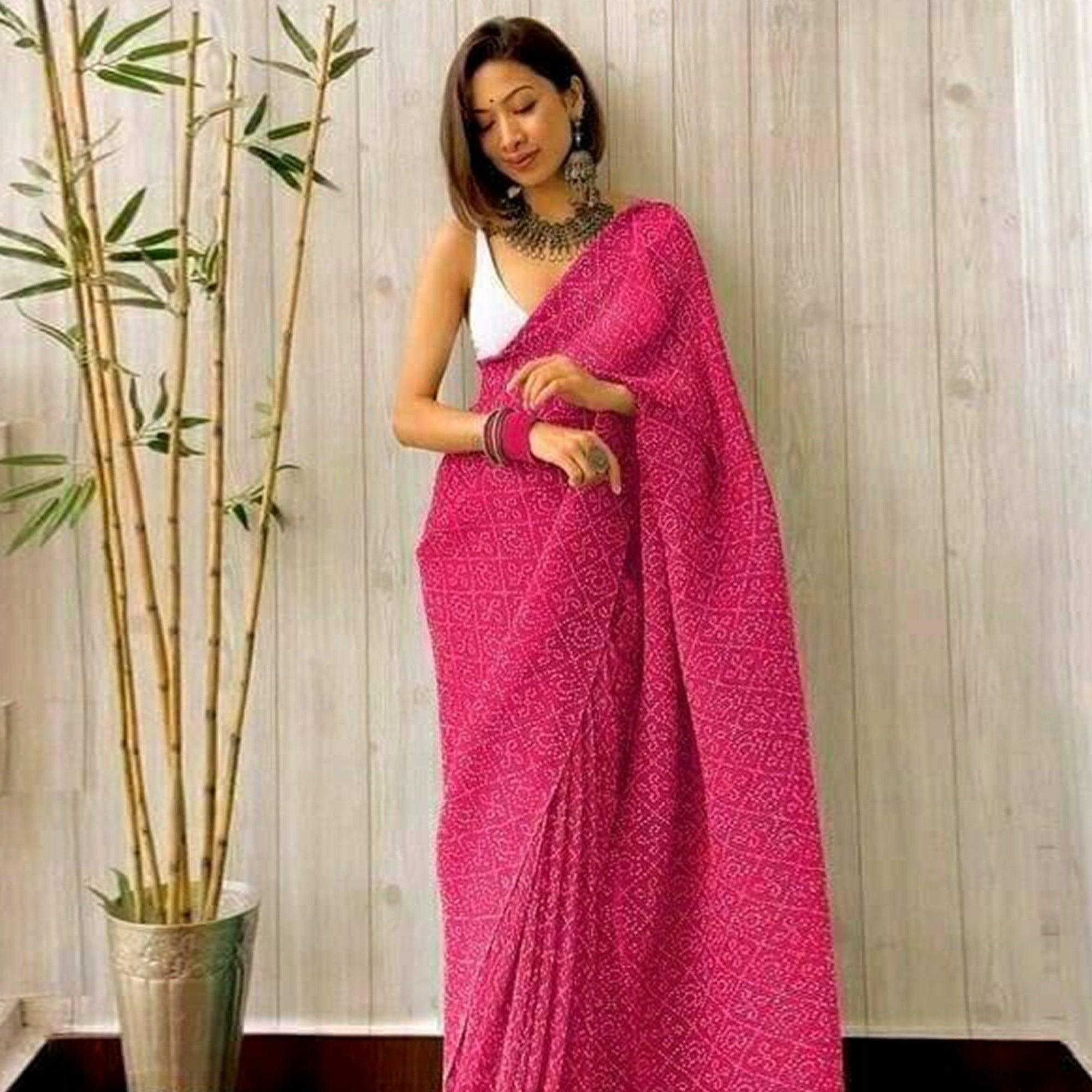 Pink Partywear Bandhani Printed Georgette Saree - Peachmode