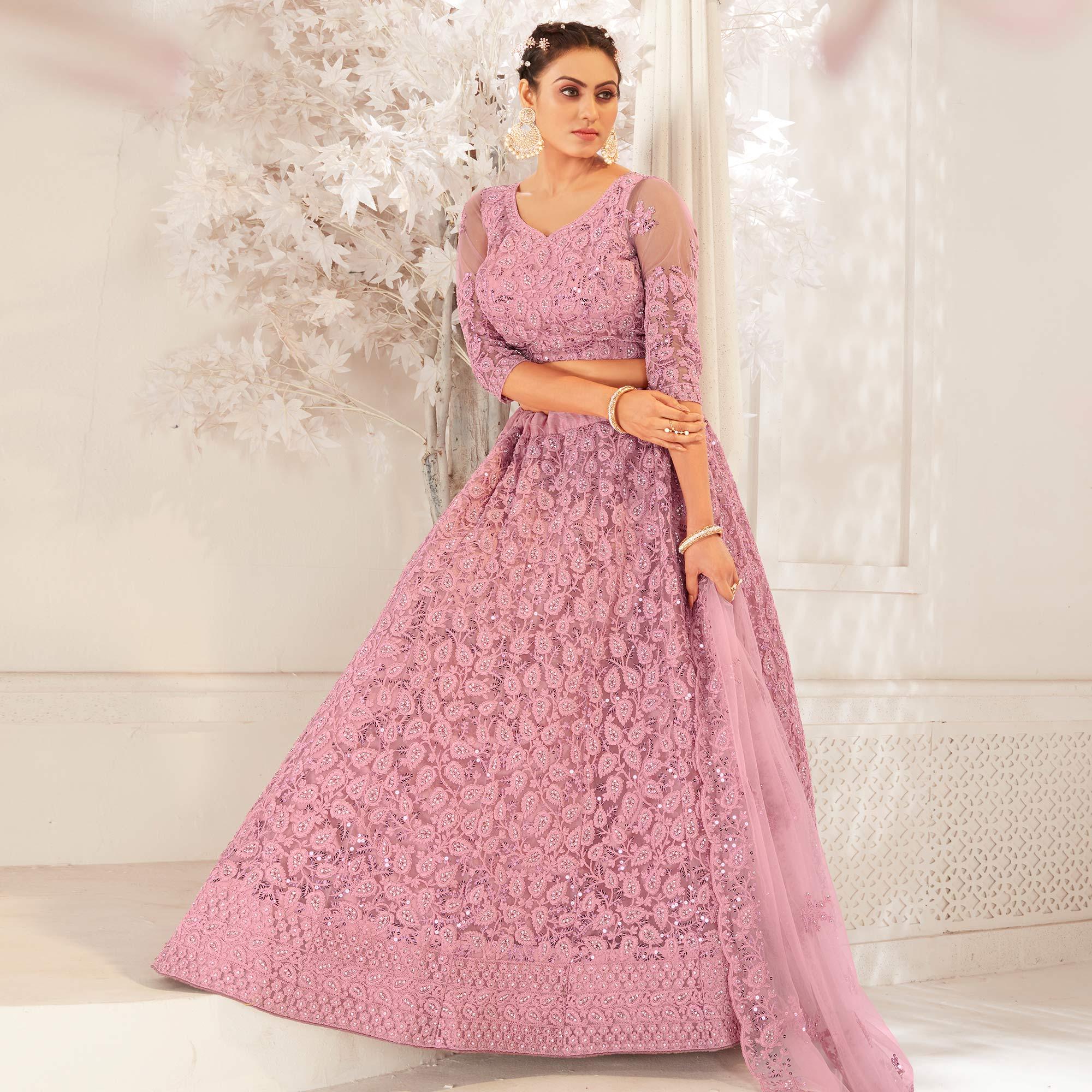 Pink Partywear Cording Embroidery With Embellished Net Lehenga Choli - Peachmode