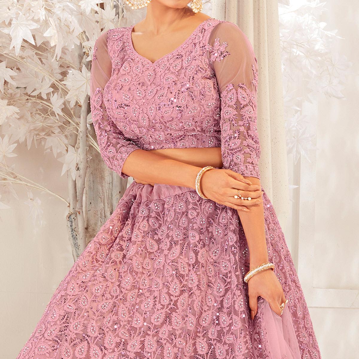 Pink Partywear Cording Embroidery With Embellished Net Lehenga Choli - Peachmode