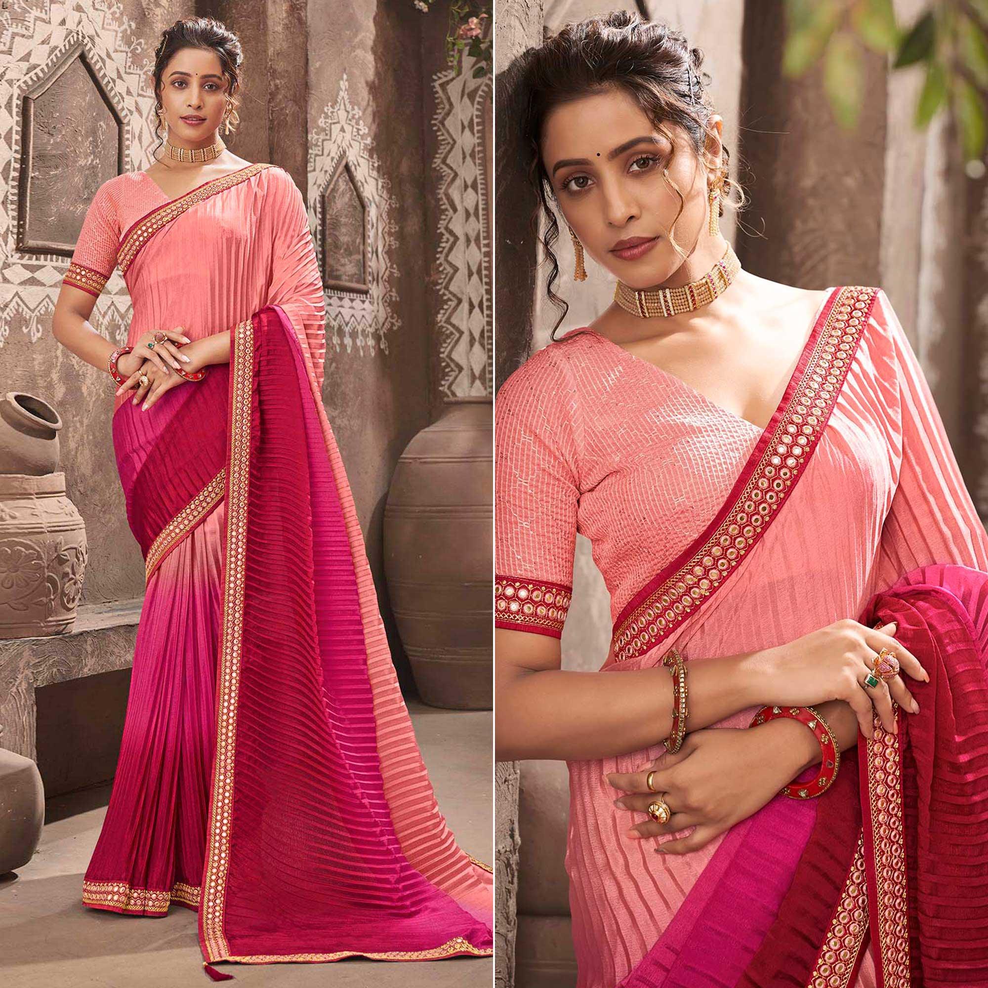 Pink Partywear Crushed Chiffon Saree with Fancy Lace - Peachmode