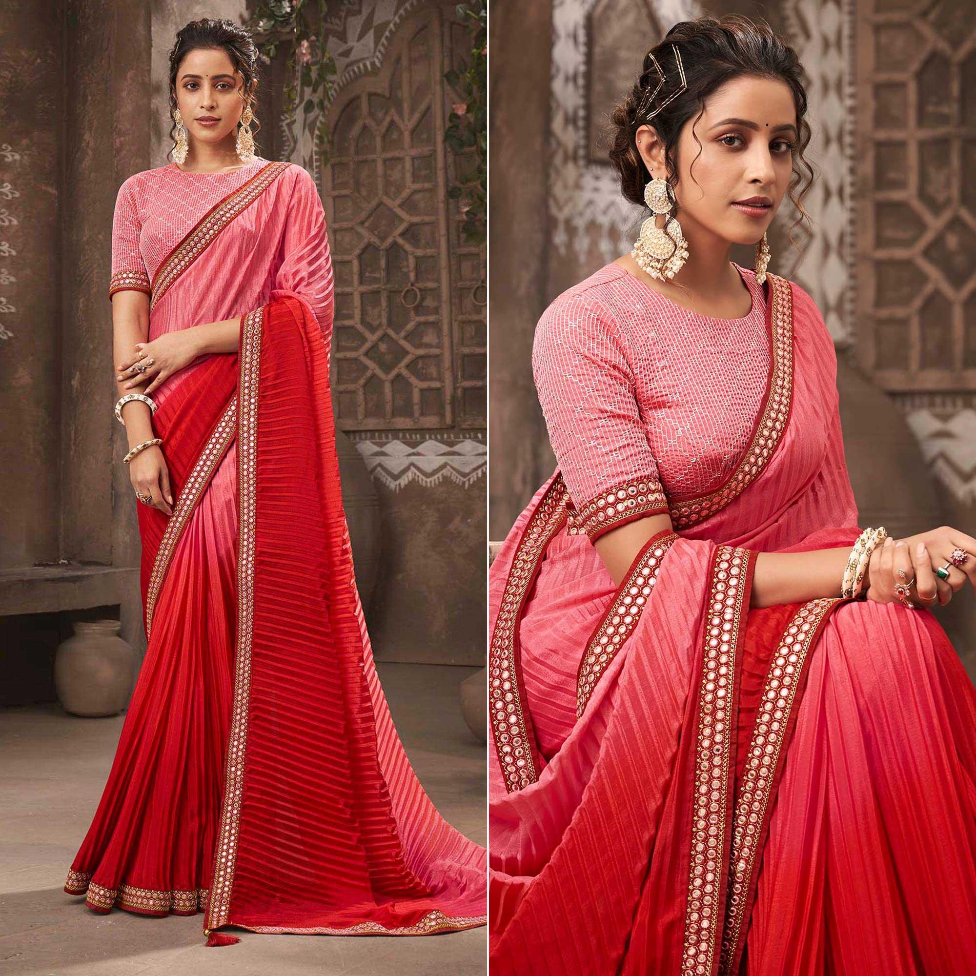 Pink Partywear Crushed Chiffon Saree with Fancy Lace - Peachmode