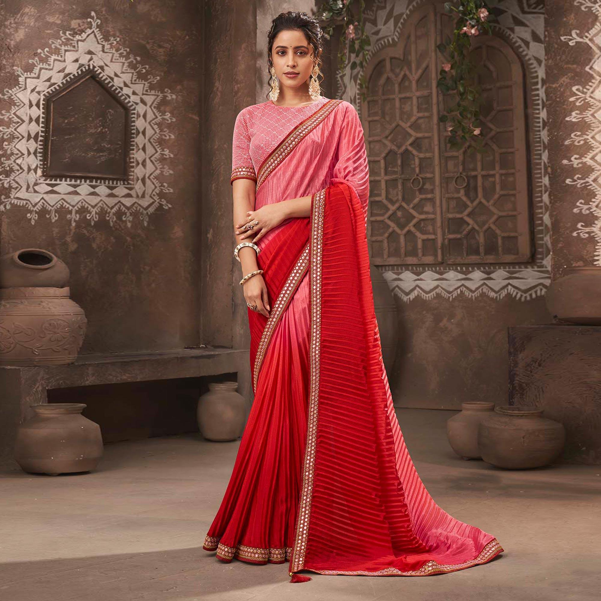 Pink Partywear Crushed Chiffon Saree with Fancy Lace - Peachmode