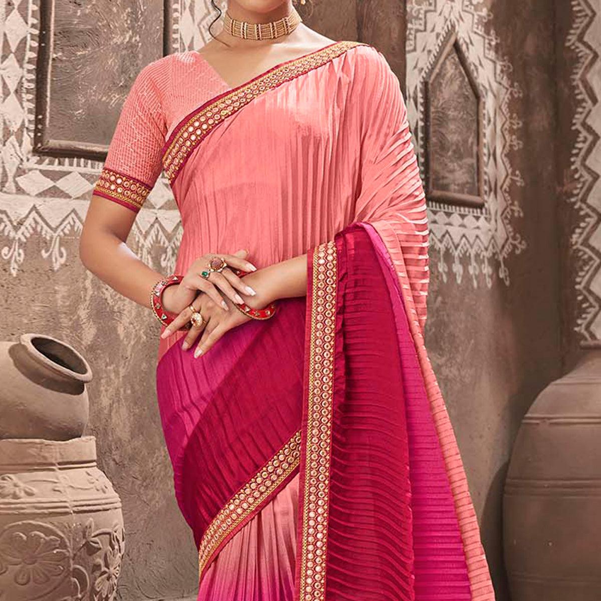 Pink Partywear Crushed Chiffon Saree with Fancy Lace - Peachmode