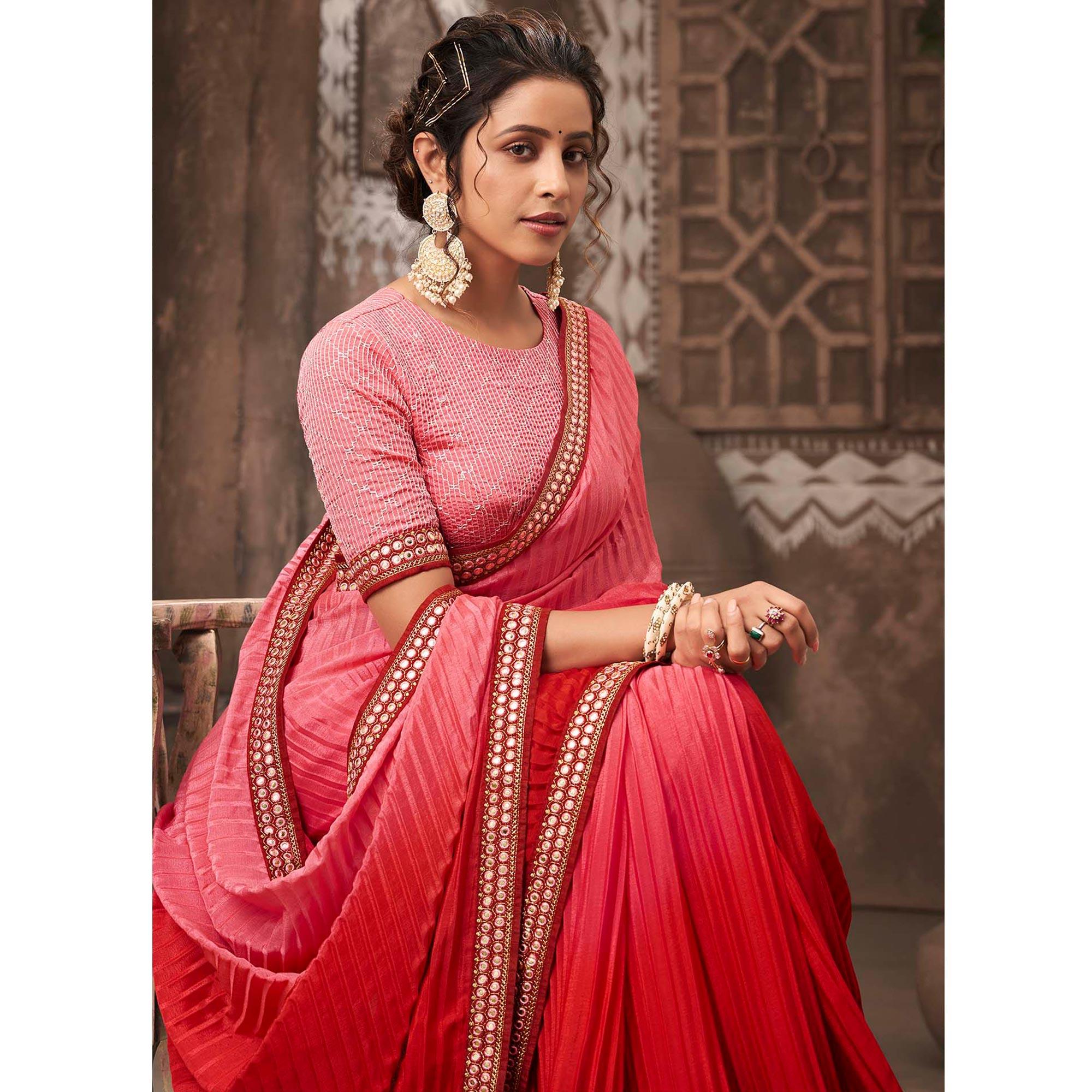 Pink Partywear Crushed Chiffon Saree with Fancy Lace - Peachmode