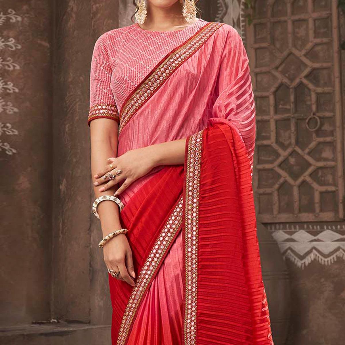 Pink Partywear Crushed Chiffon Saree with Fancy Lace - Peachmode