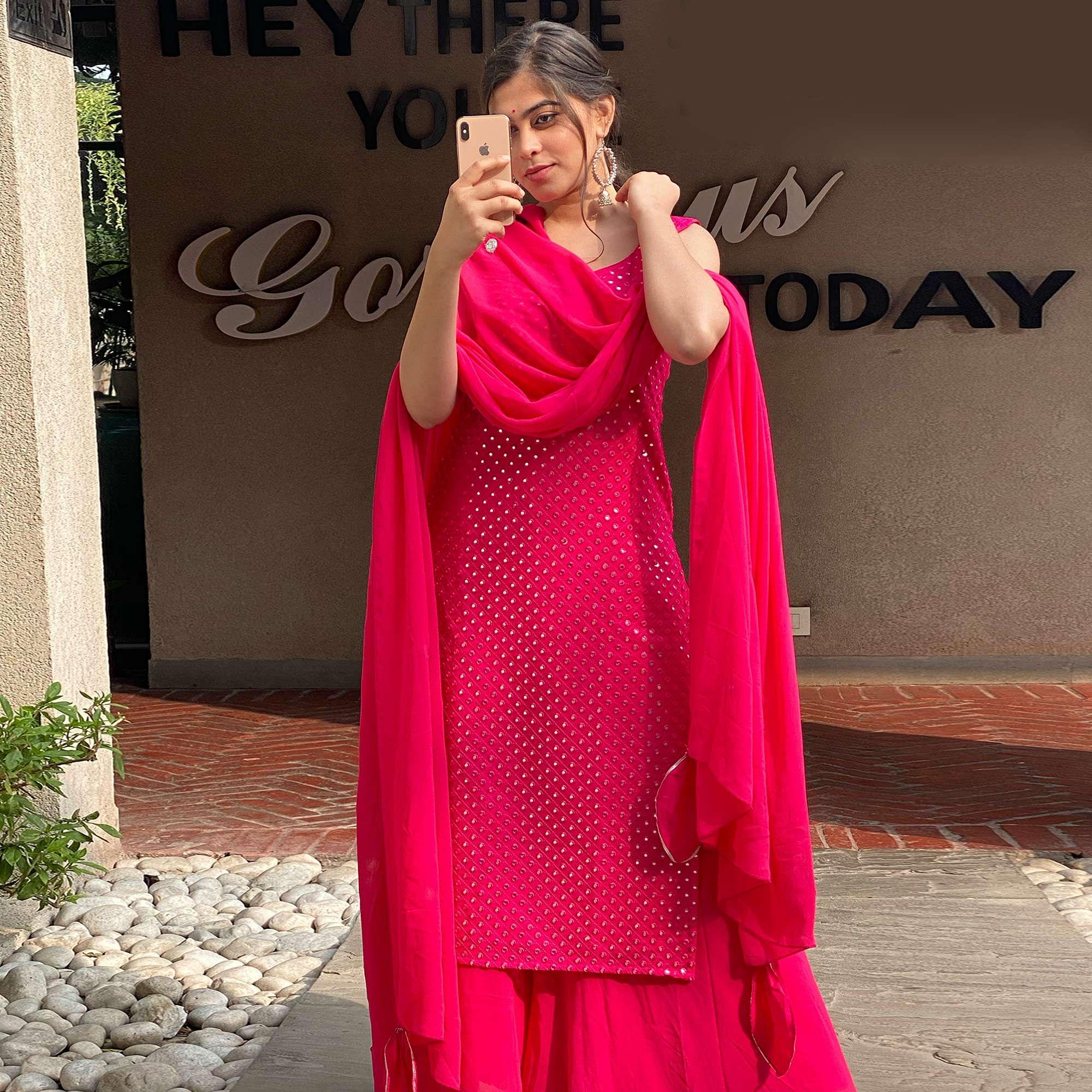 Pink Partywear Designer Embroidered Georgette Palazzo Suit - Peachmode