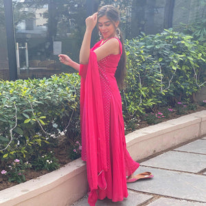 Pink Partywear Designer Embroidered Georgette Palazzo Suit - Peachmode