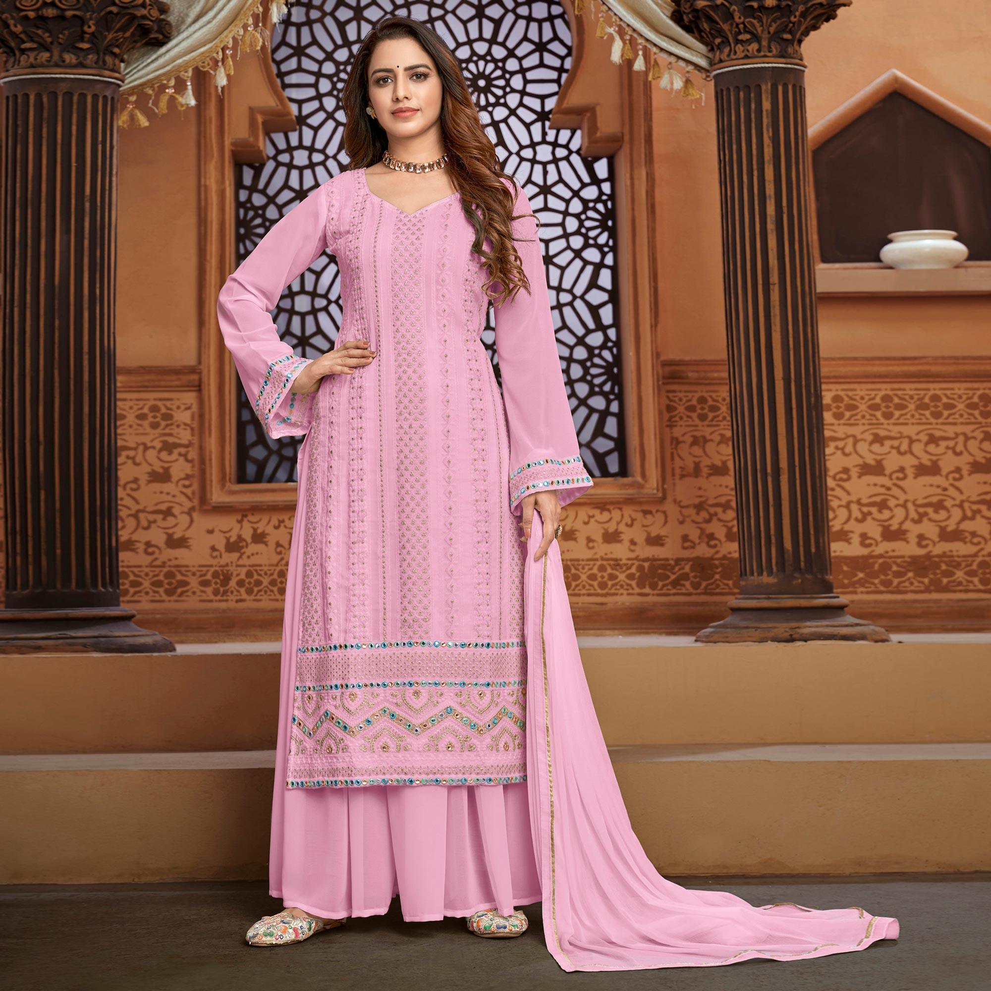 Pink Partywear Designer Embroidered Heavy Faux Georgette Palazzo Suit - Peachmode