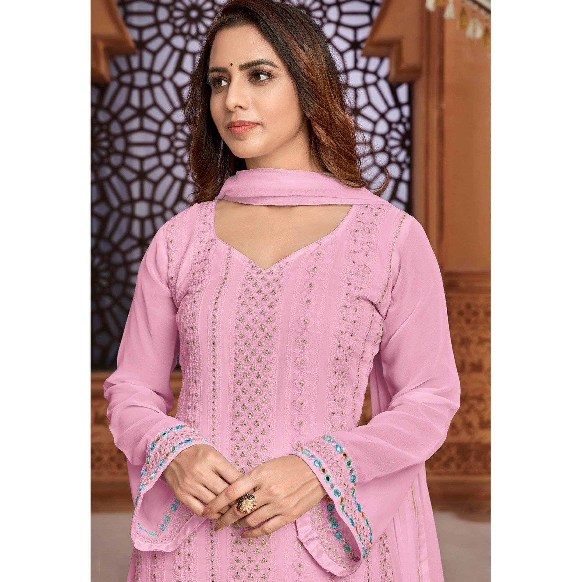 Pink Partywear Designer Embroidered Heavy Faux Georgette Palazzo Suit - Peachmode