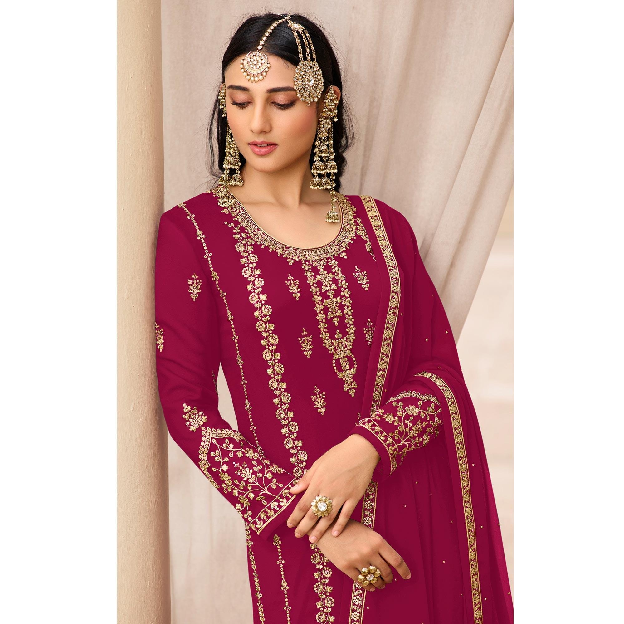 Pink Partywear Designer Embroidered With Sequence Georgette Palazzo Suit - Peachmode