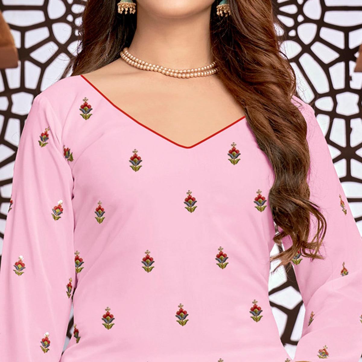 Pink Partywear Designer Floral Embroidered Faux Georgette Patiyala Suit - Peachmode