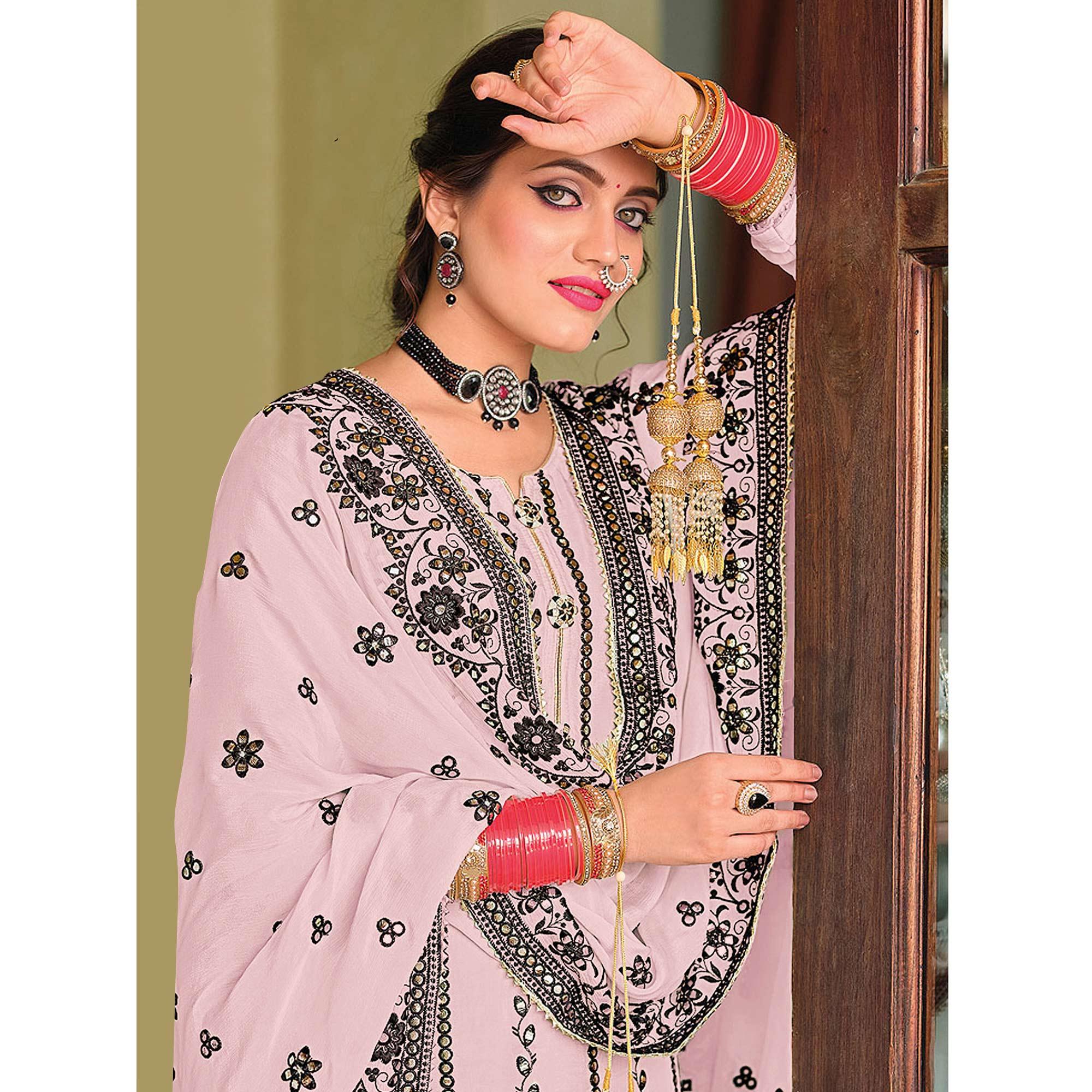 Pink Partywear Designer Floral Embroidered Georgette Palazzo Suit - Peachmode