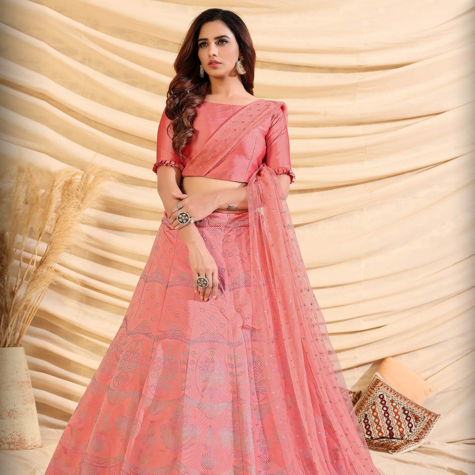 Pink Partywear Designer Pigment Foil Printed Tafetta Silk Lehenga Choli - Peachmode