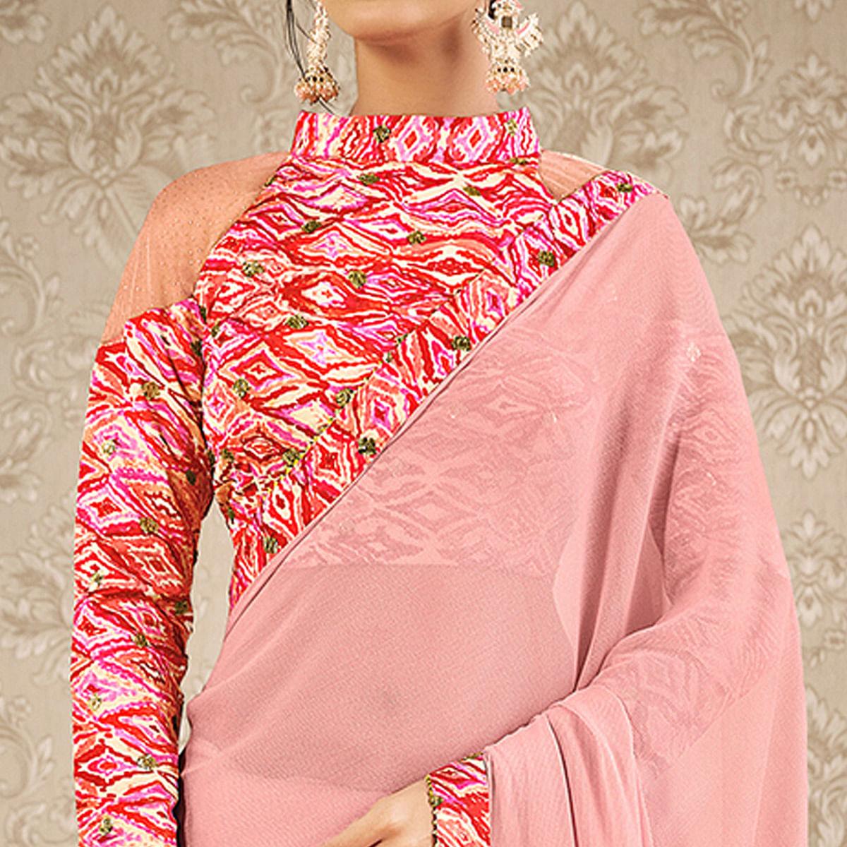 Pink Partywear Digital Border Printed Chiffon Saree - Peachmode