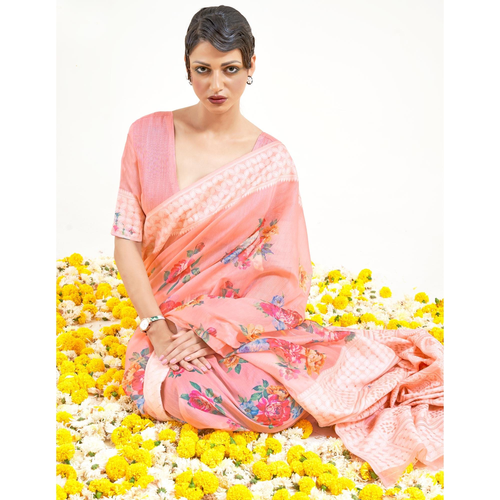 Pink Partywear Digital Printed Chanderi Saree - Peachmode