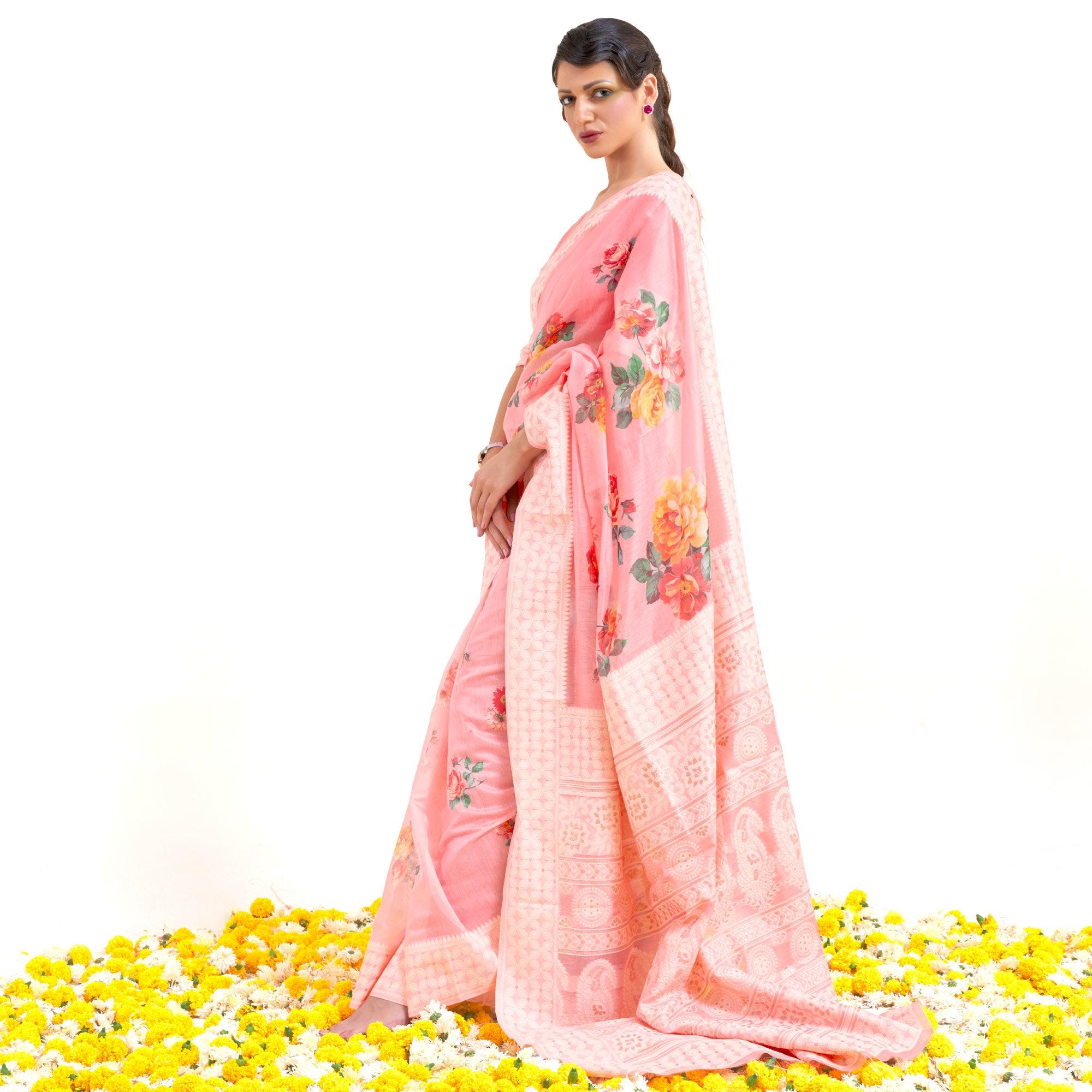Pink Partywear Digital Printed Chanderi Saree - Peachmode