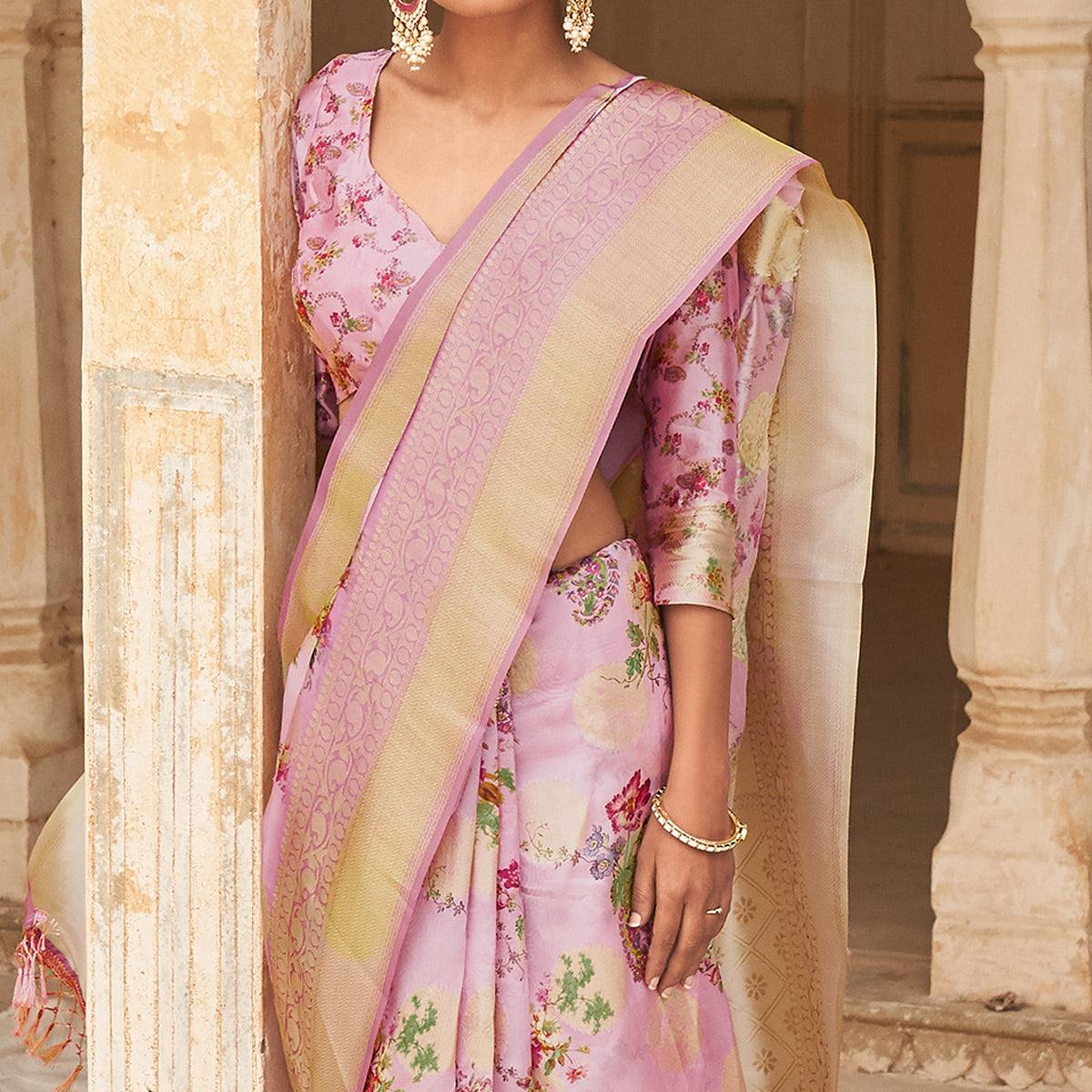 Pink Partywear Digital Printed Silk Saree - Peachmode