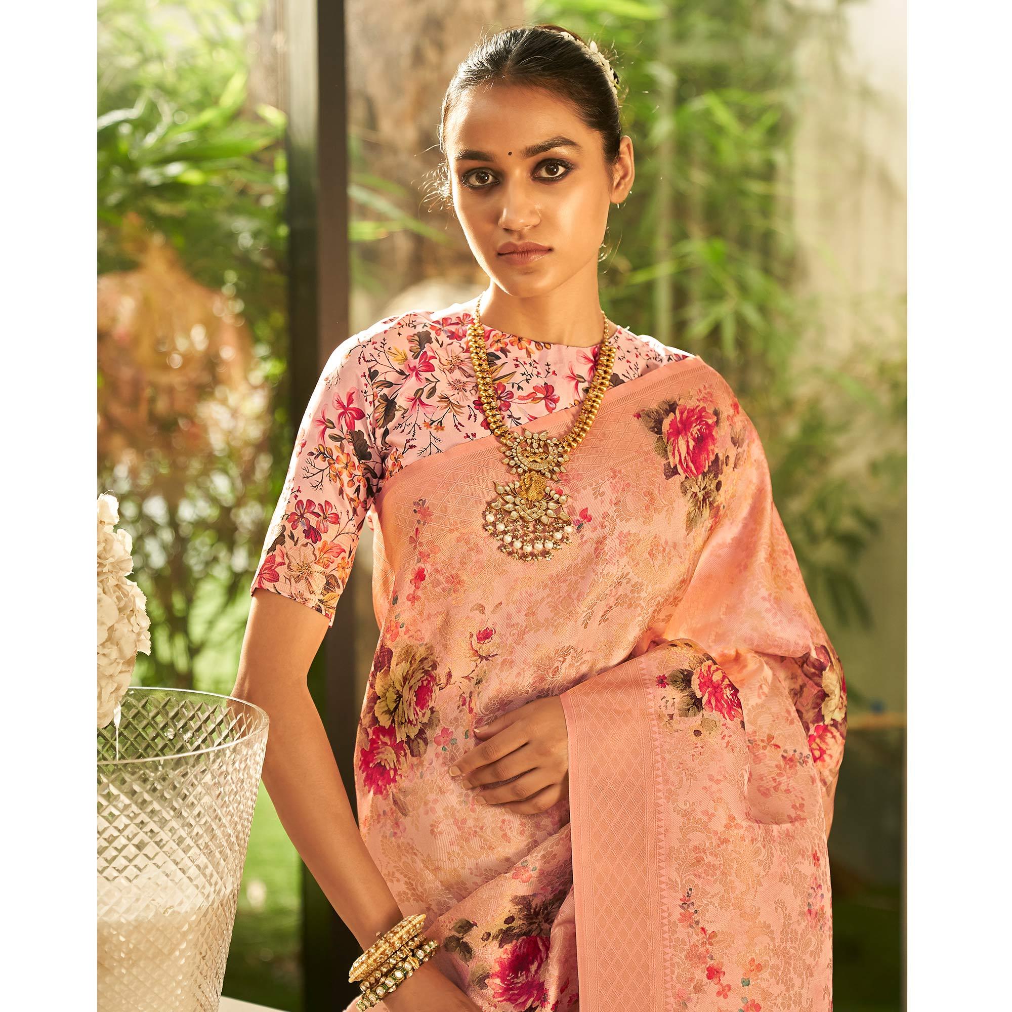 Pink Partywear Digital Printed Silk Saree - Peachmode