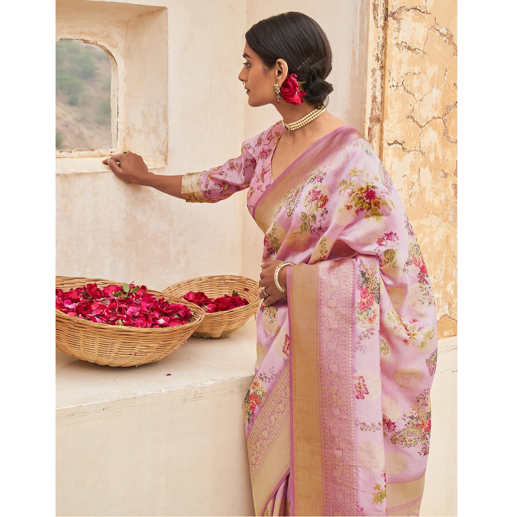 Pink Partywear Digital Printed Silk Saree - Peachmode