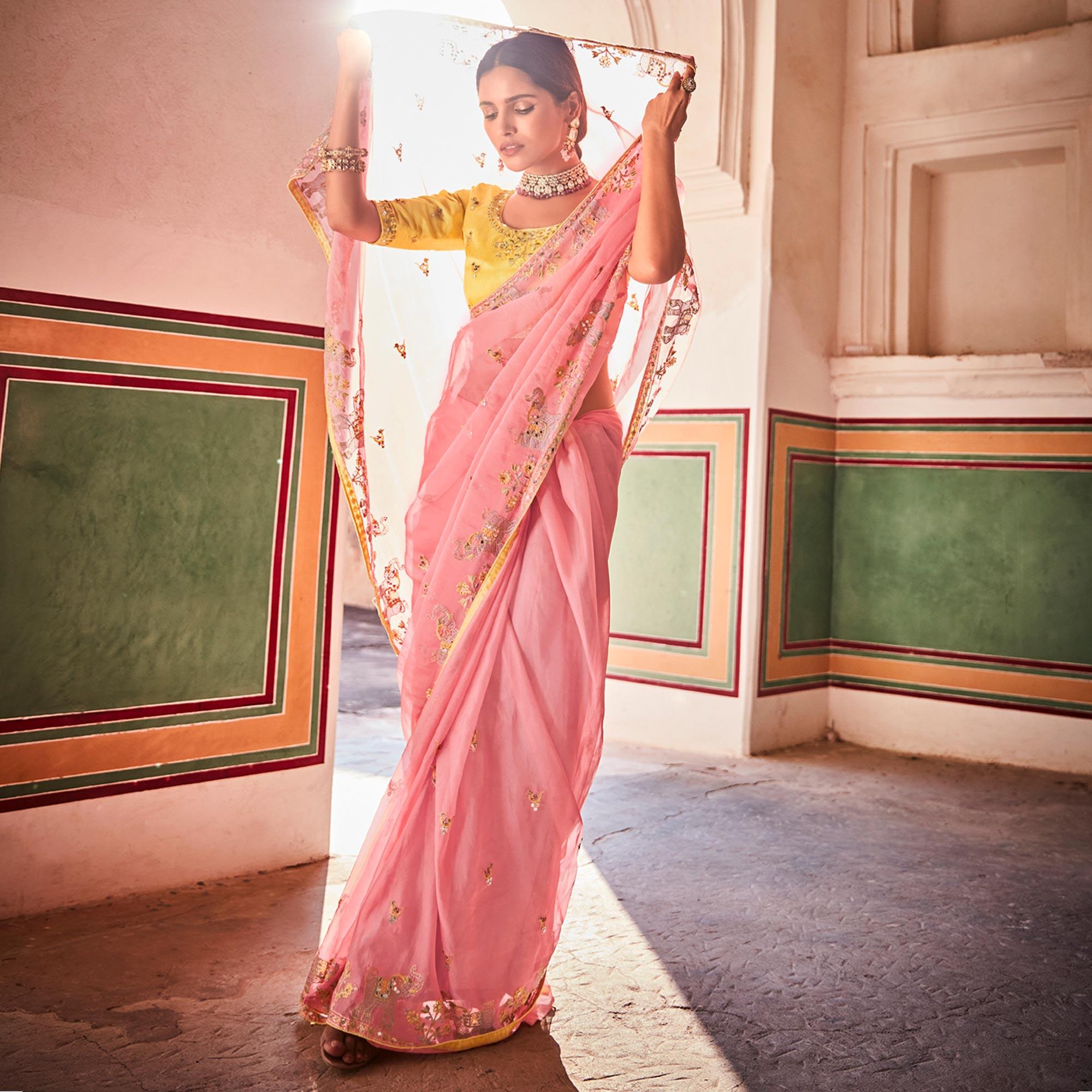 Pink Partywear Embellished & Zari Organza Saree - Peachmode