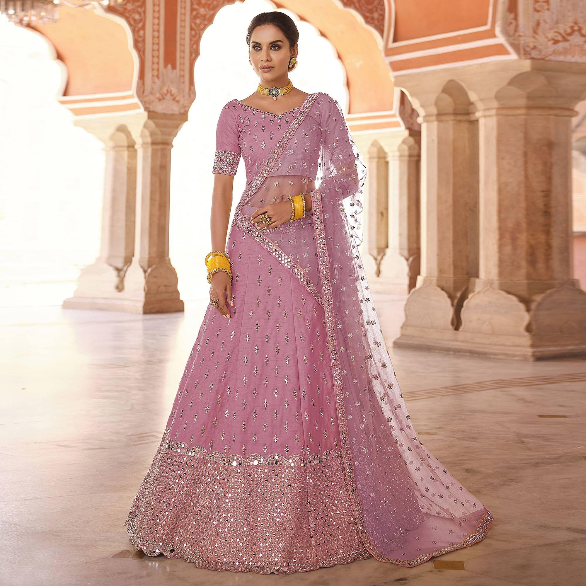 Pink Partywear Embellished Art Silk Lehenga Choli - Peachmode