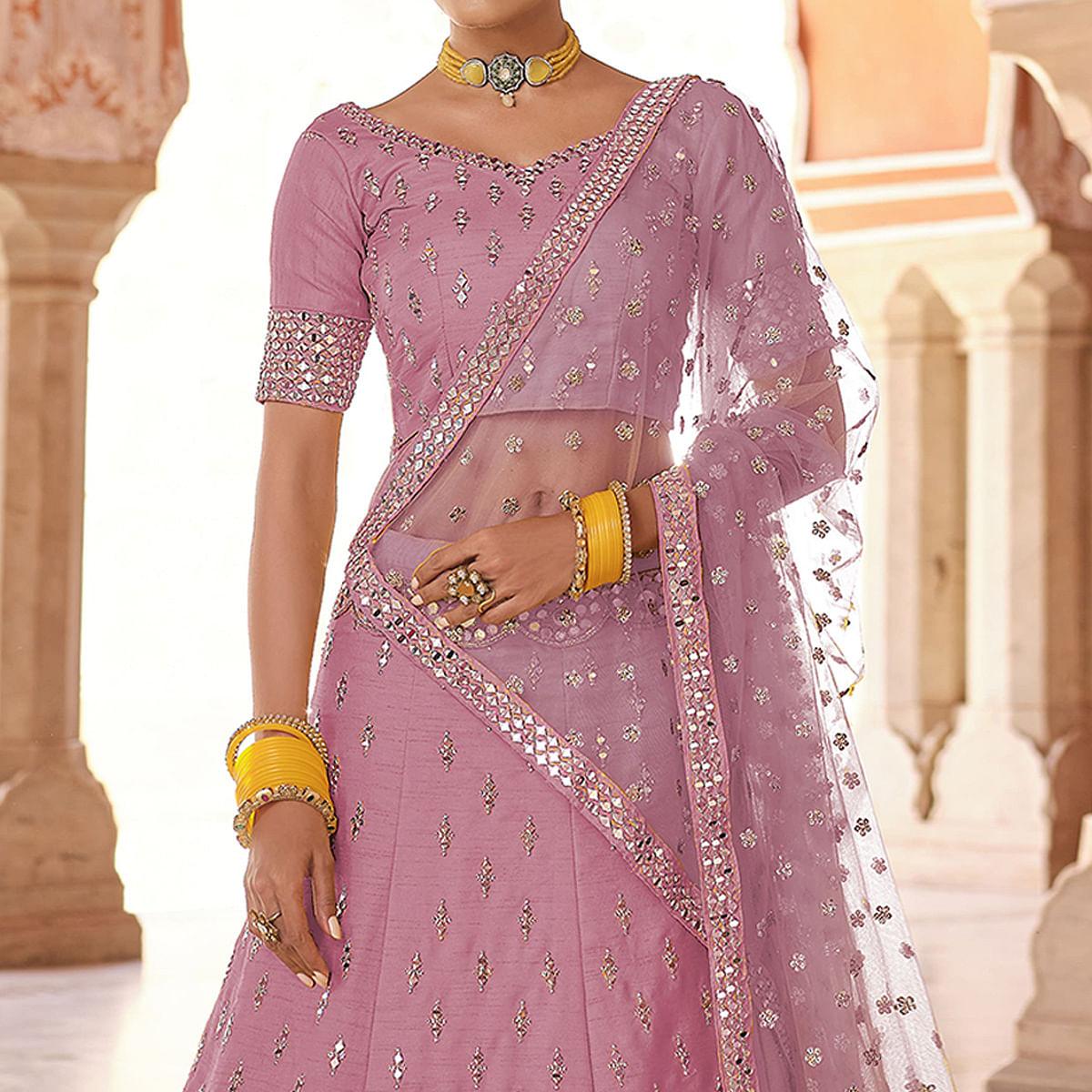 Pink Partywear Embellished Art Silk Lehenga Choli - Peachmode