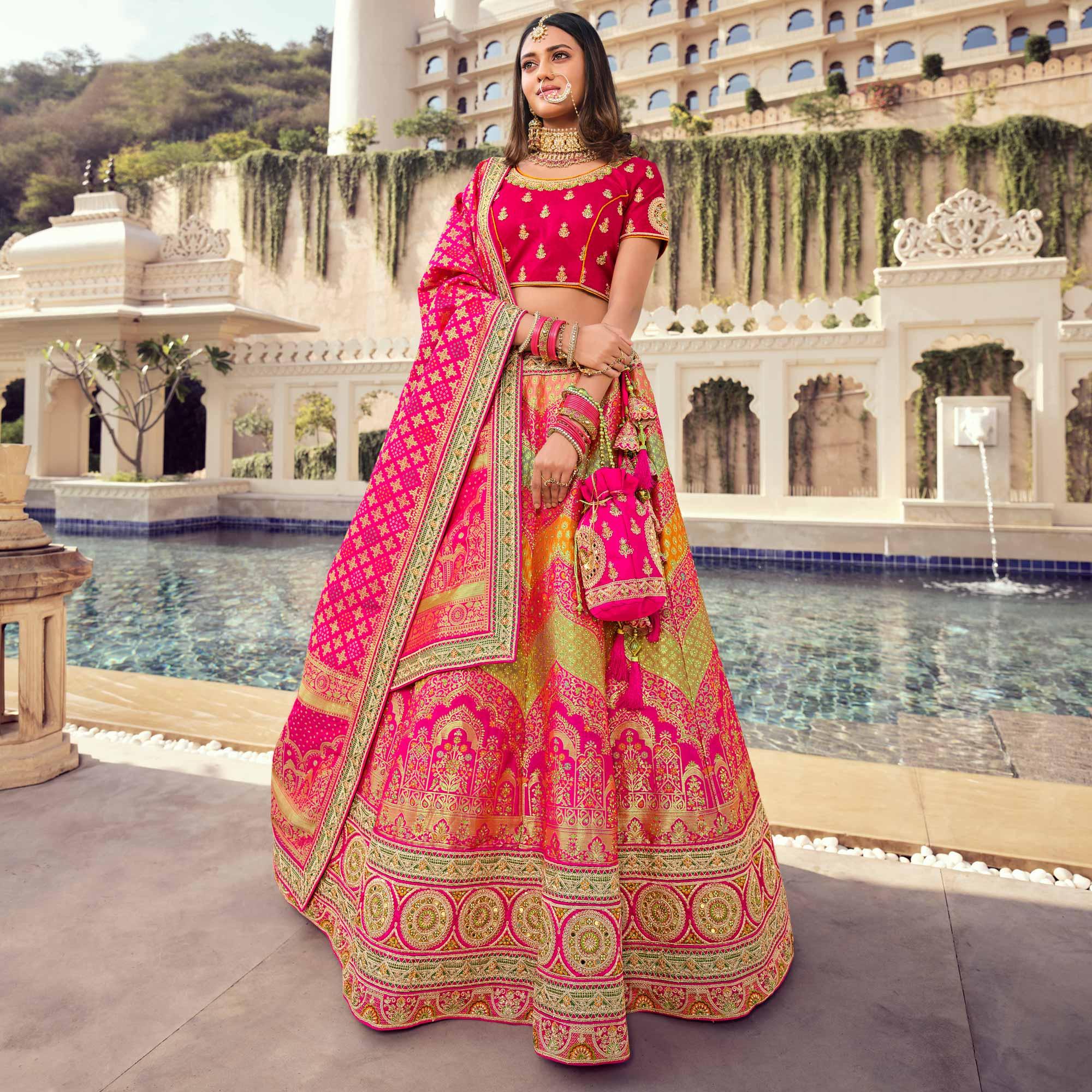 Pink Partywear Embellished Embroiderd Banarasi Silk Lehenga - Peachmode