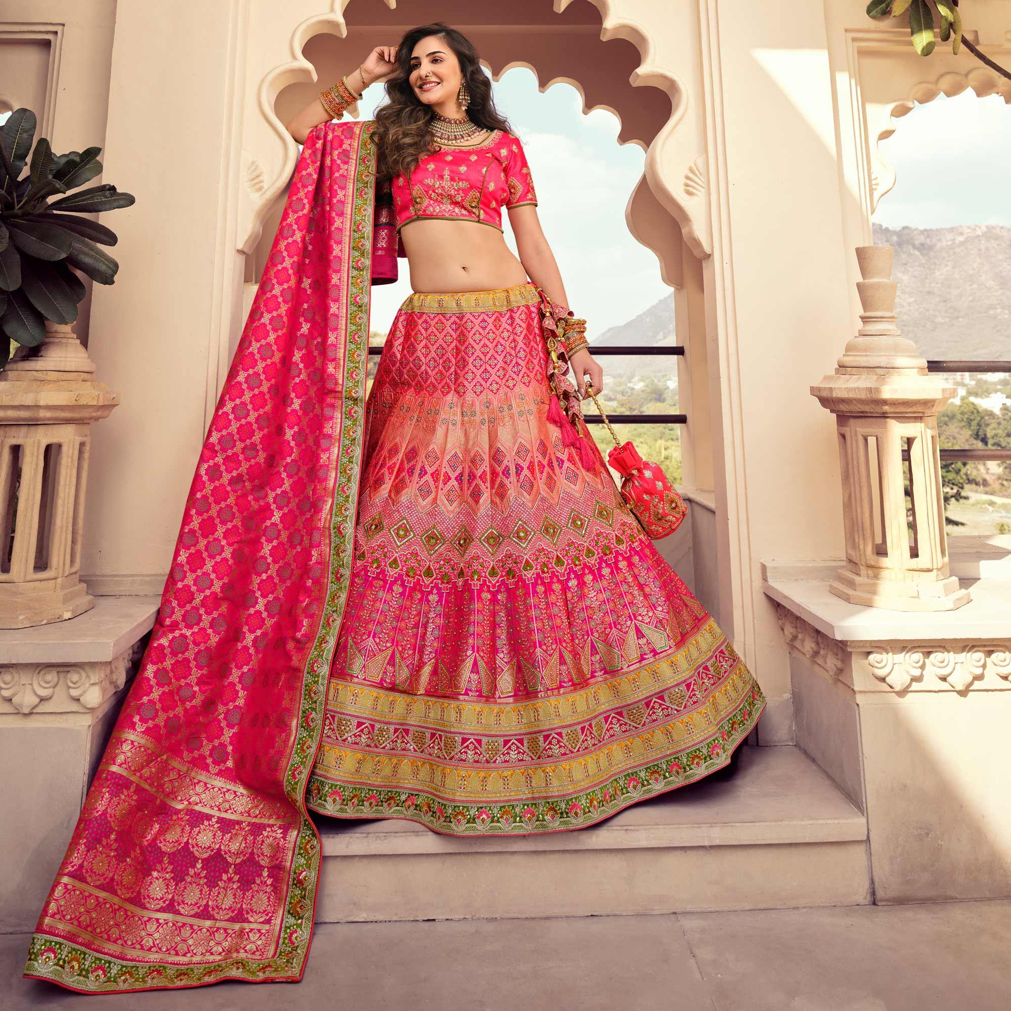 Pink Partywear Embellished Embroidered Banarasi Silk Lehenga - Peachmode