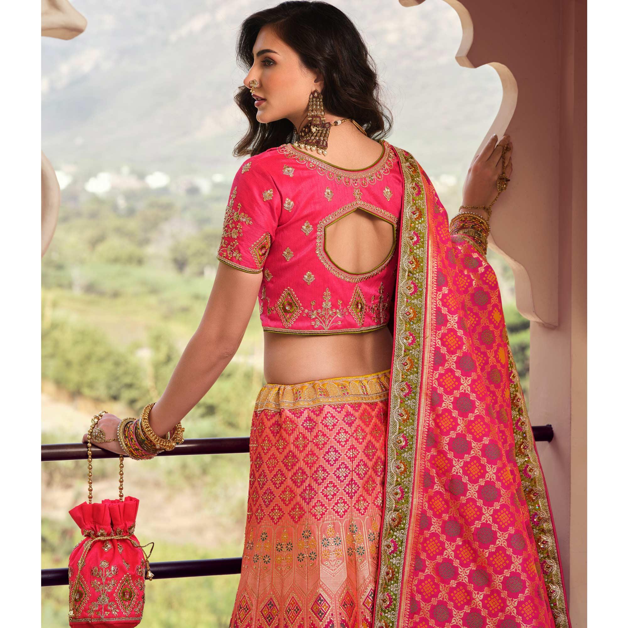 Pink Partywear Embellished Embroidered Banarasi Silk Lehenga - Peachmode