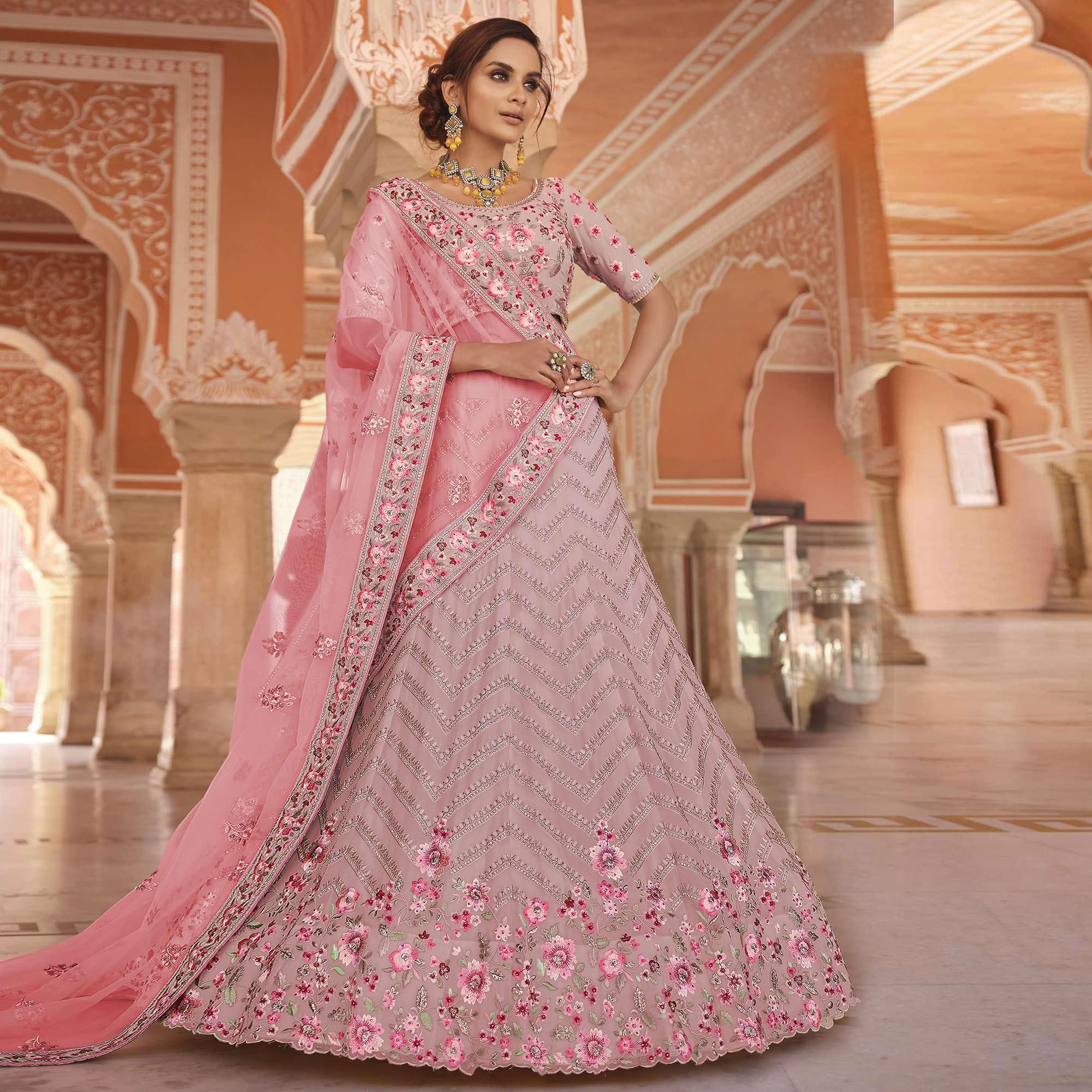 Pink Partywear Embellished Georgette Lehenga Choli - Peachmode
