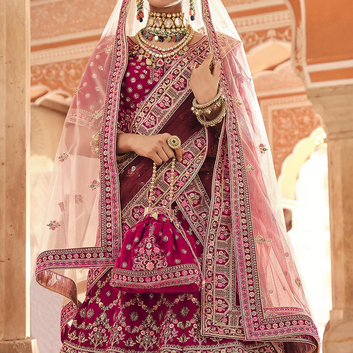 Pink Partywear Embellished Velvet Lehenga Choli - Peachmode