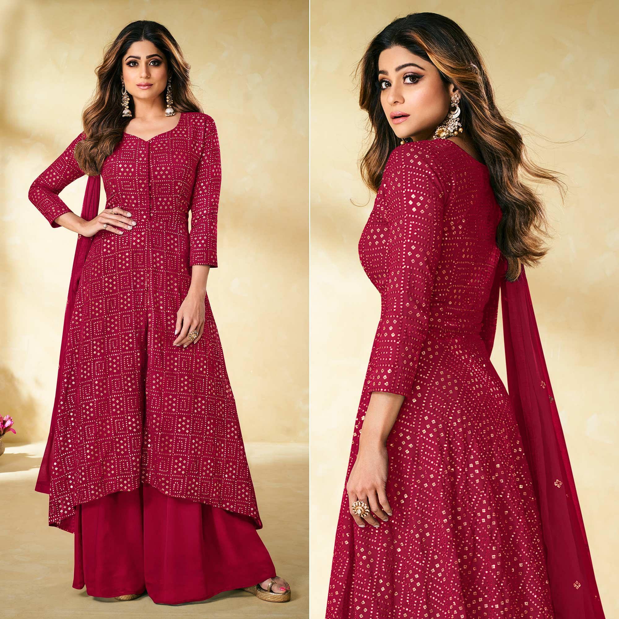 Pink Partywear Embellished With Embroidered Georgette Palazzo Suit - Peachmode