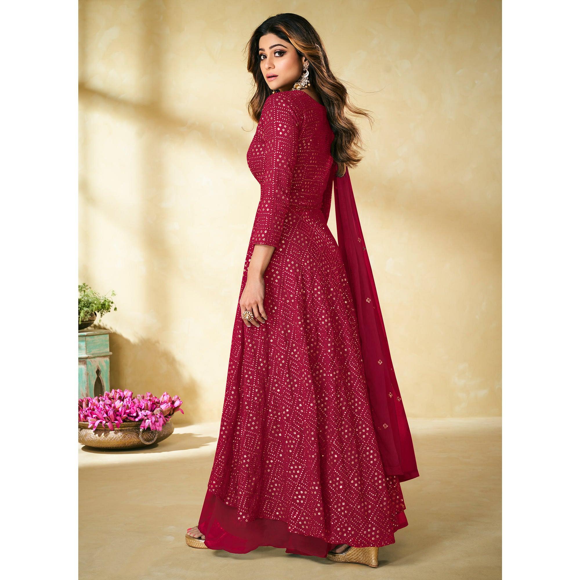 Pink Partywear Embellished With Embroidered Georgette Palazzo Suit - Peachmode